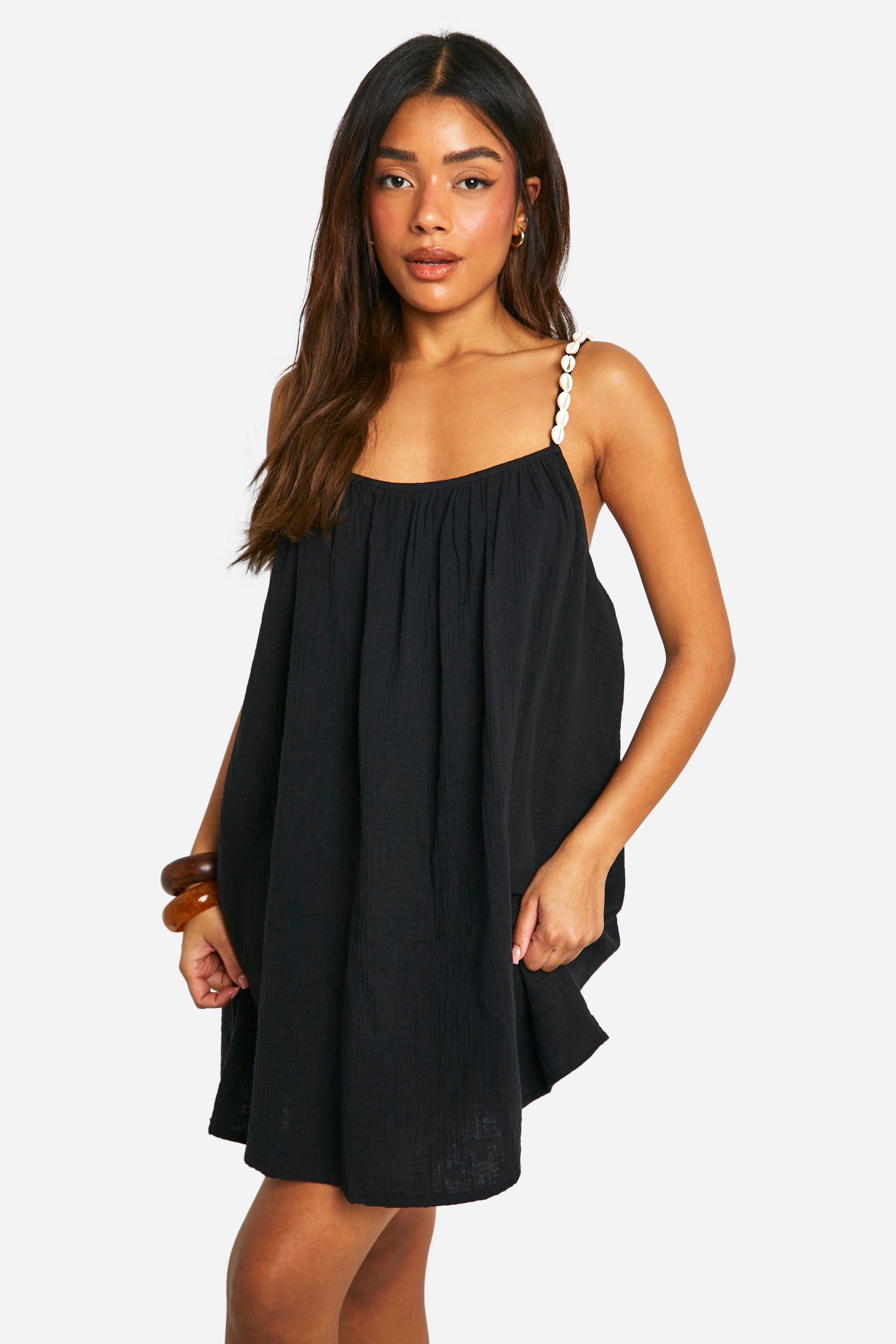 Boohoo Shell Strap Cheesecloth Mini Slip Dress, Black
