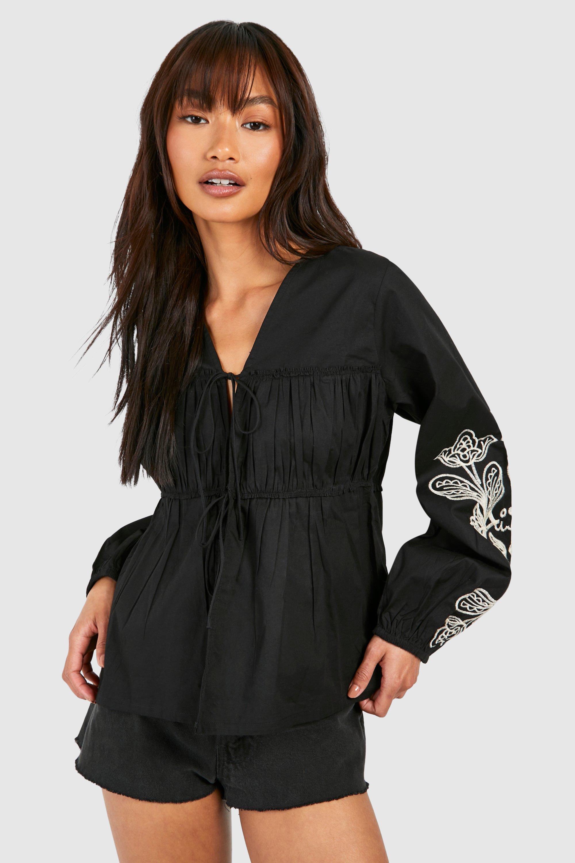 Image of Embroidered Tie Front Blouson Top, Nero