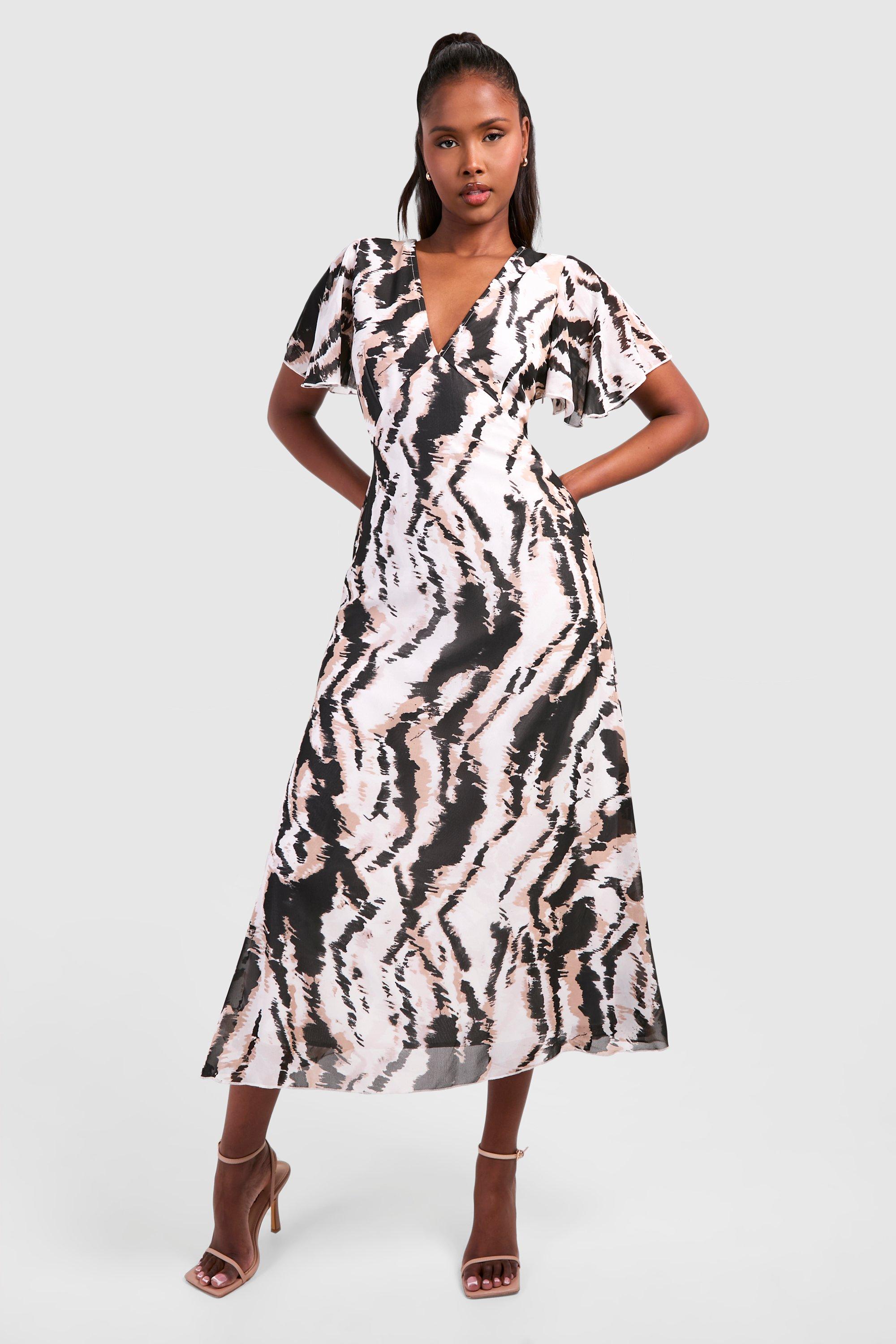 Image of Abstract Chiffon Angel Sleeve Midaxi Dress, Brown