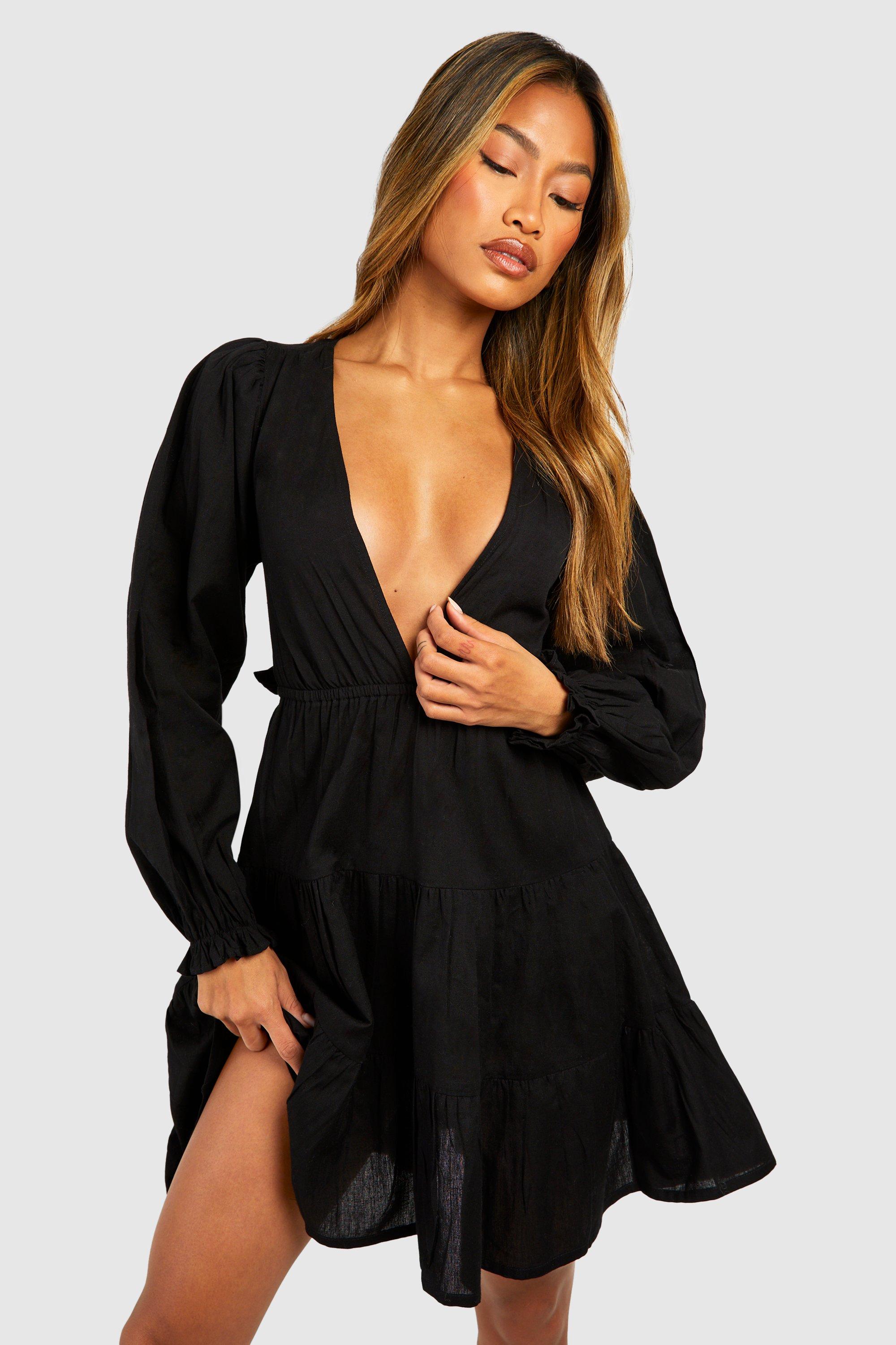 Womens Linen Look Plunge Long Sleeve Tiered Mini Dress - Black - 14, Black