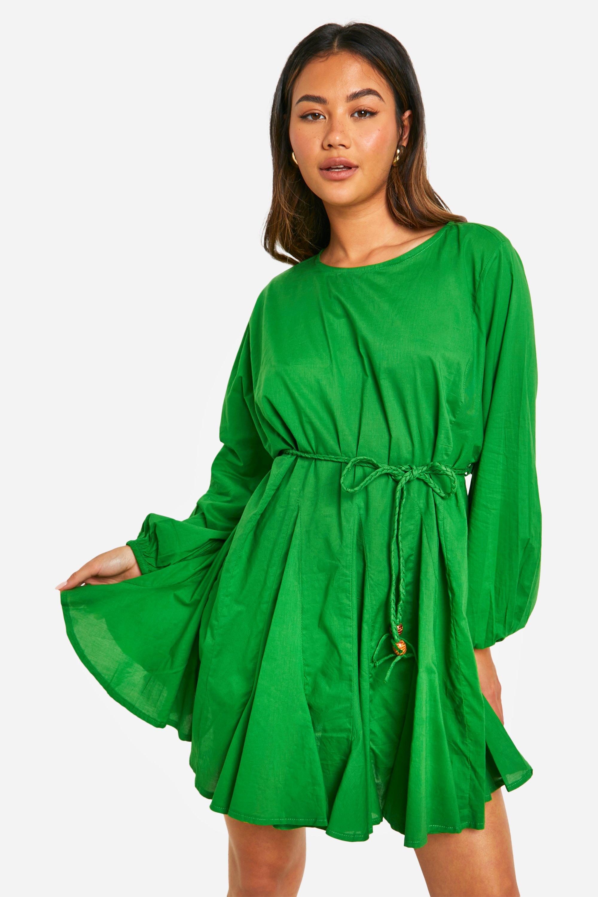 Boohoo Cotton Long Sleeve Godet Mini Dress, Green