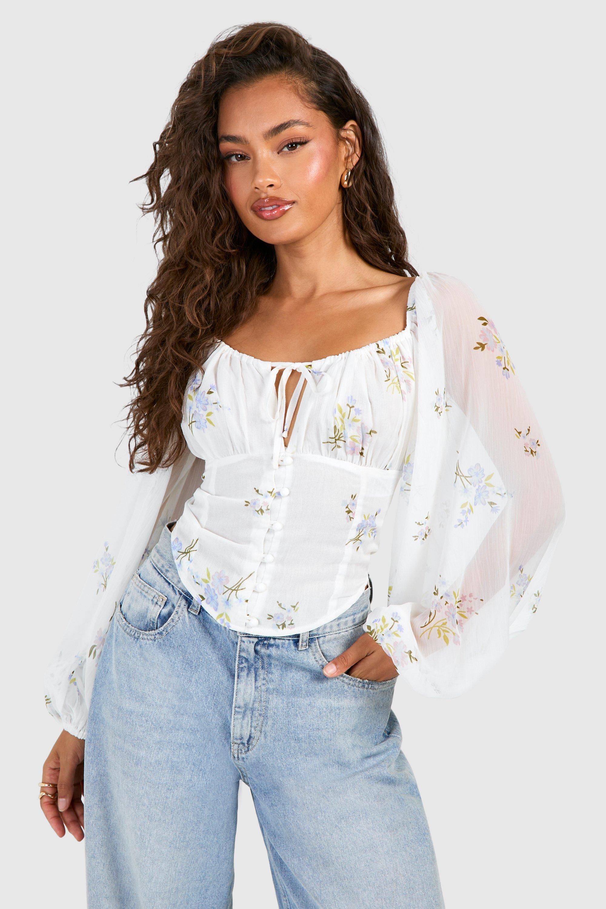 Image of Floral Puff Long Sleeve Crop Top, Bianco