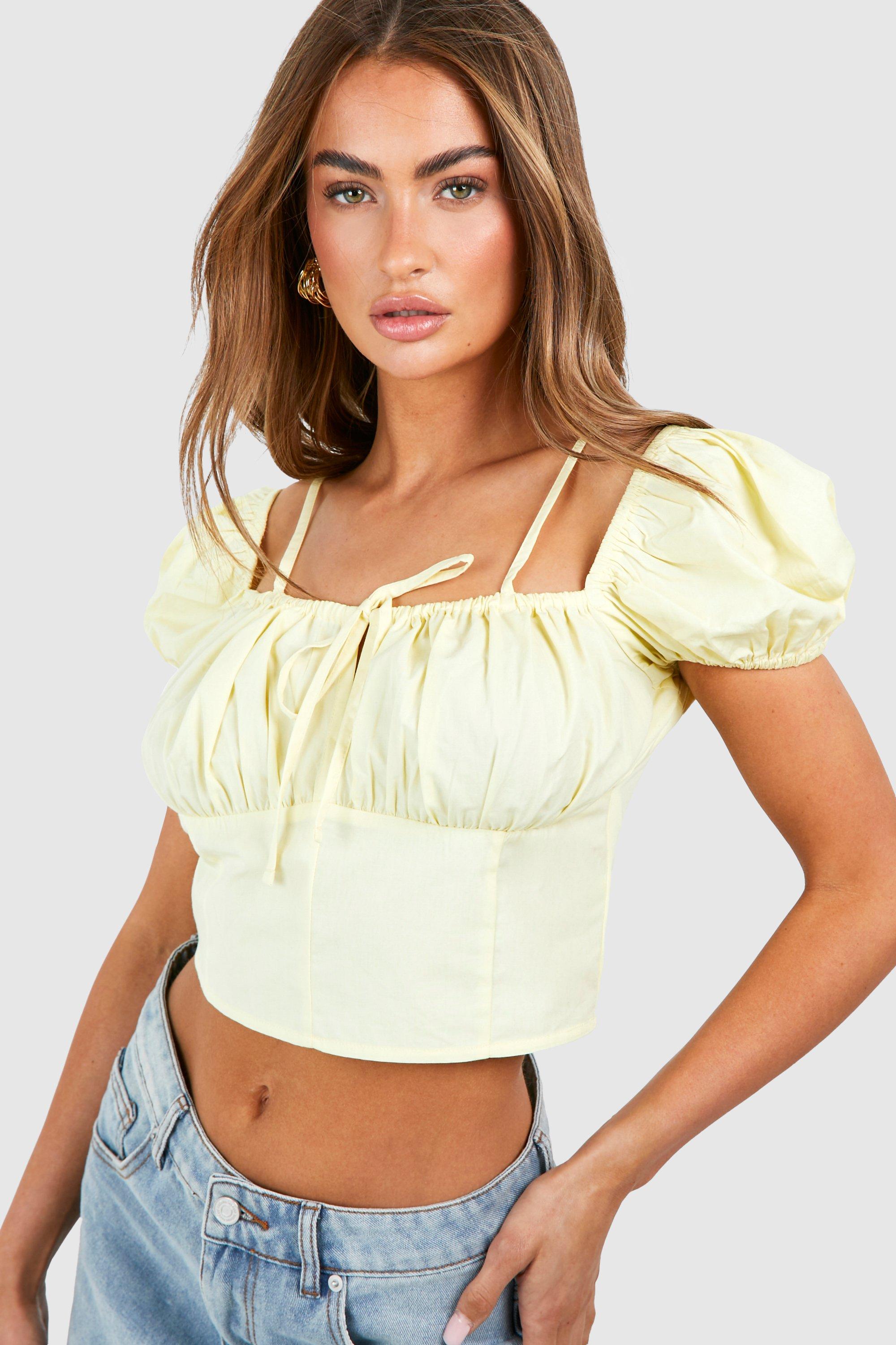 Boohoo Poplin Crop Top Met Pofschouders, Lemon