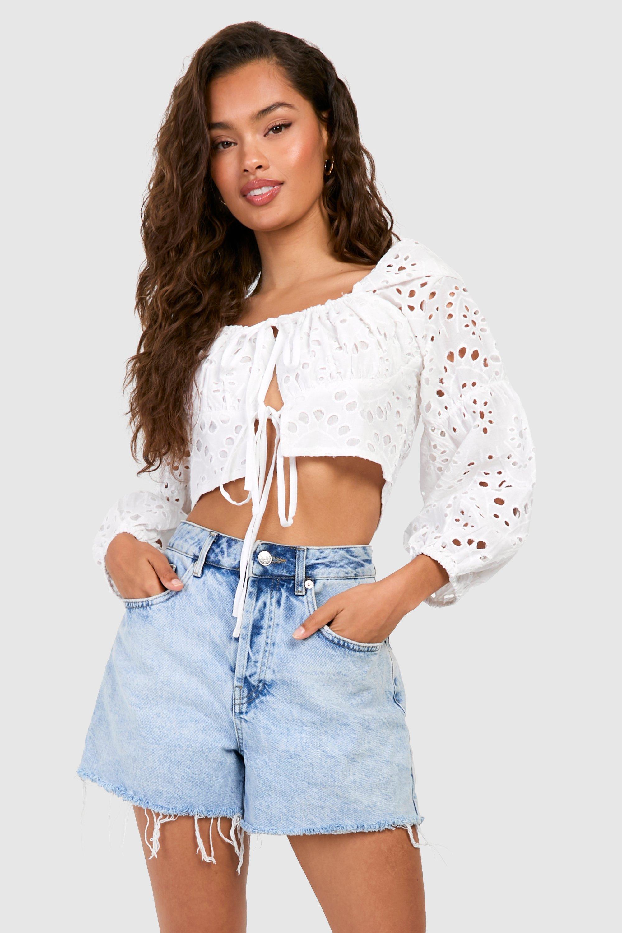 Image of Embroidery Long Sleeve Crop Top, Bianco
