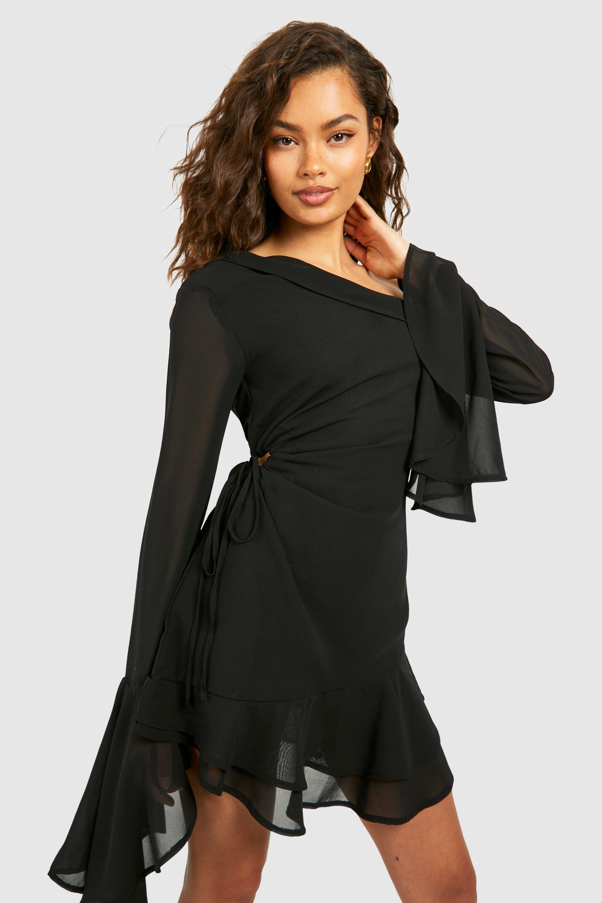 Boohoo Chiffon Cut Our Long Sleeve Mini Dress, Black