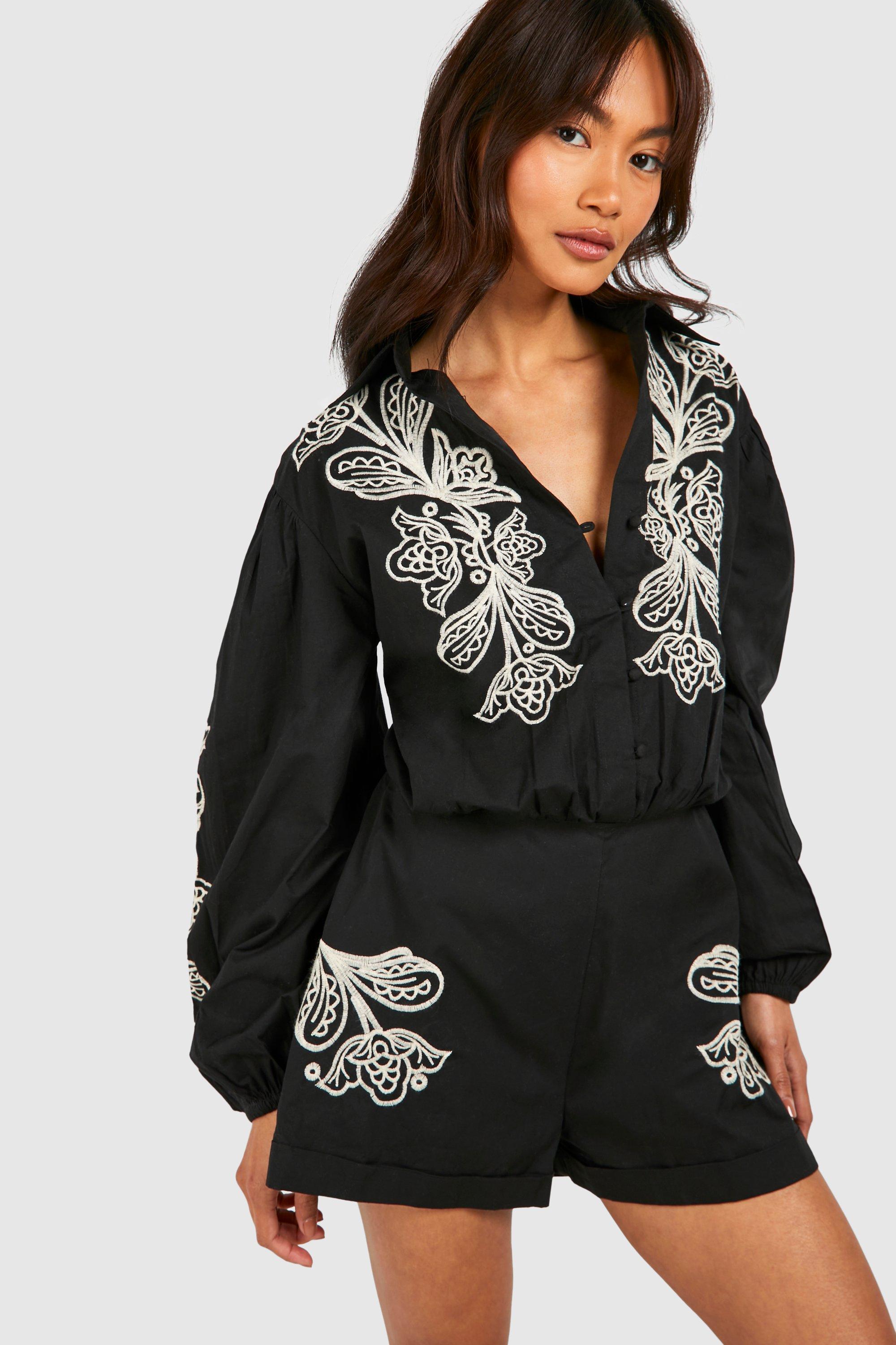 Image of Embroidered Poplin Playsuit, Nero