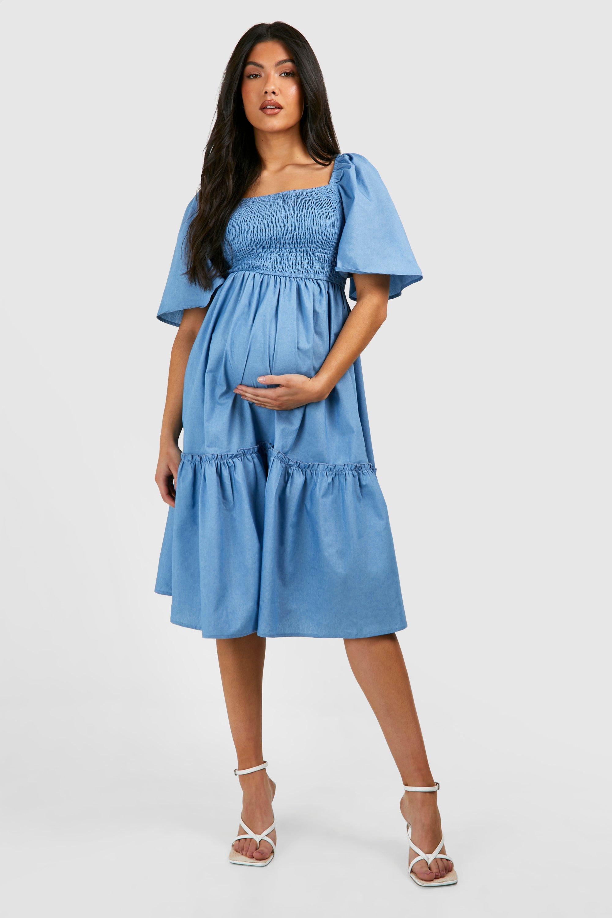 Maternity Shirred Chambray Midi Smock Dress - Blue - 10