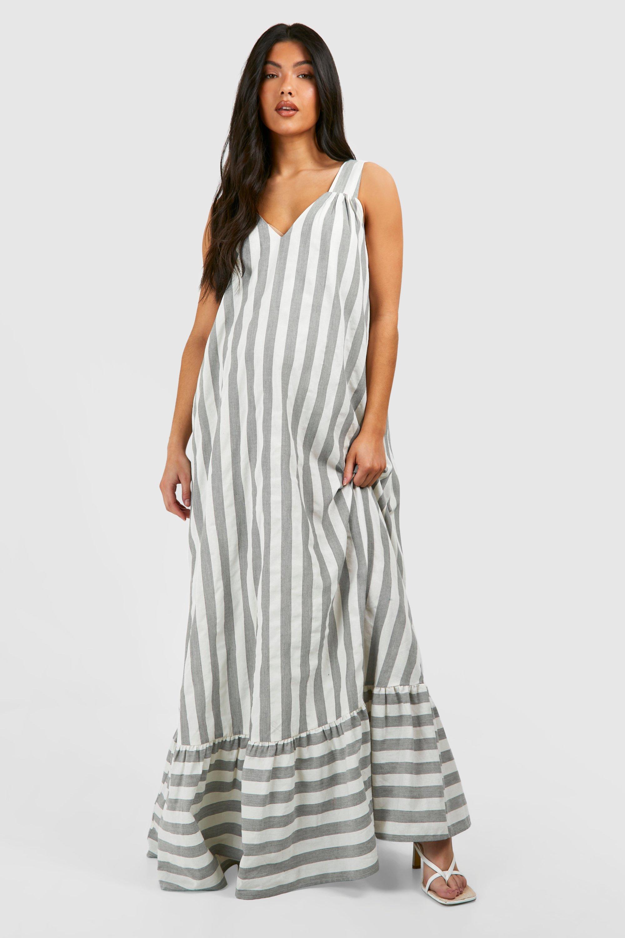 Image of Maternity Striped Poplin Sleeveless Maxi Dress, Grigio