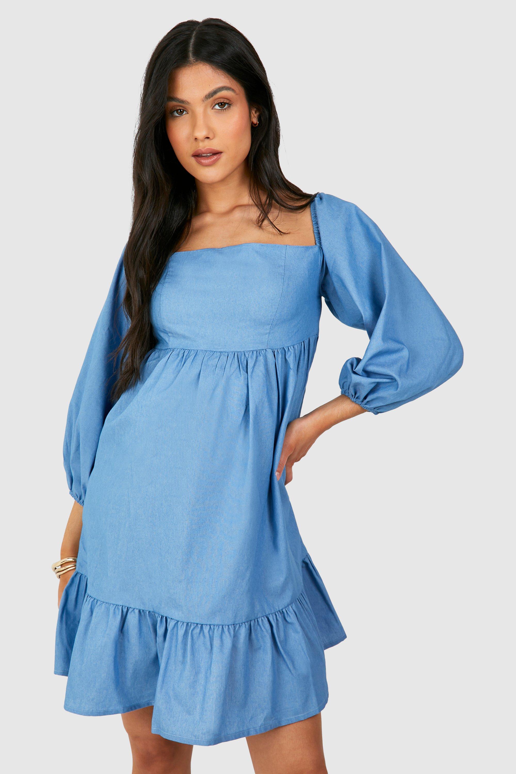 Image of Maternity Chambray Puff Sleeve Smock Dress, Azzurro
