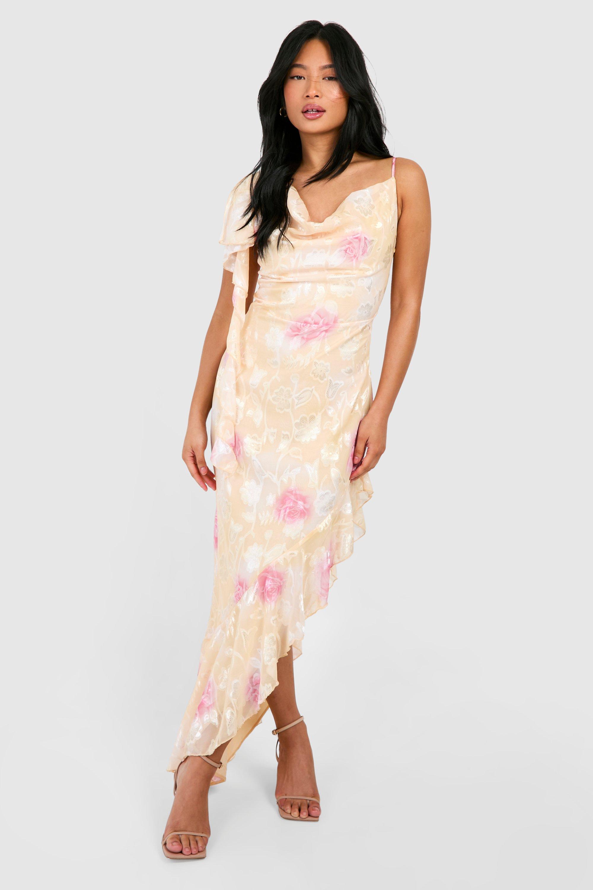 Image of Petite Lace Floral Asymmetric Ruffle Midaxi Dress, Giallo