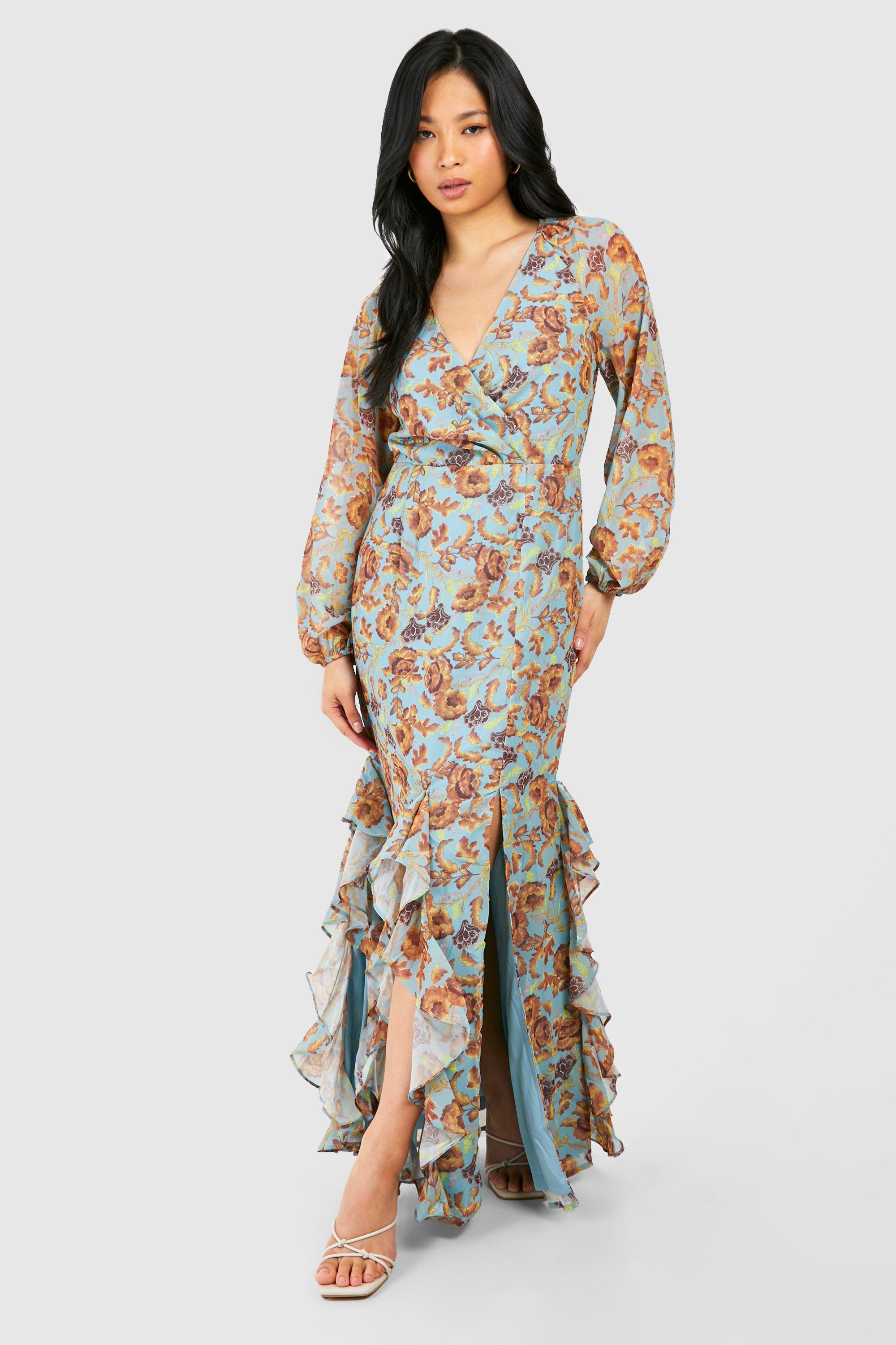 Image of Petite Floral Print Ruffle Wrap Maxi Dress, Azzurro