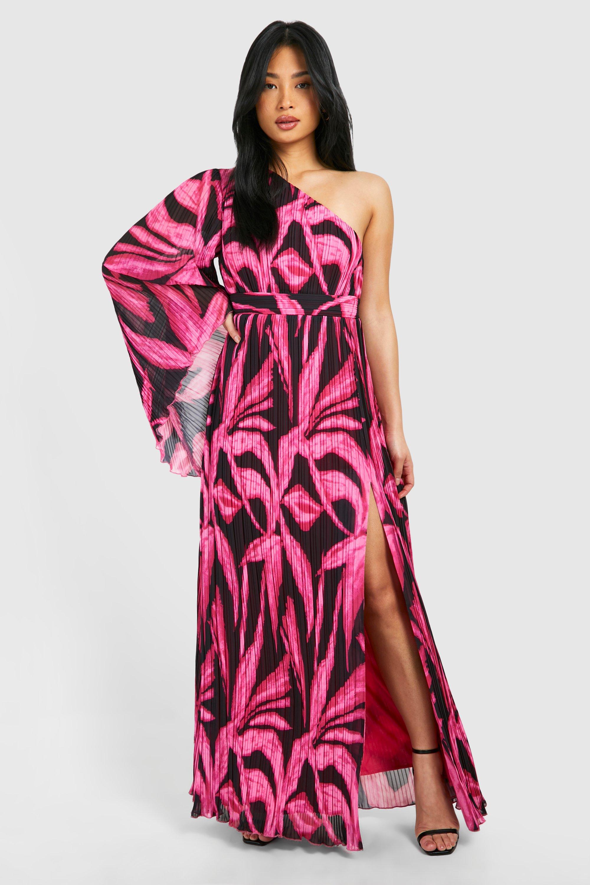 Image of Petite Extreme Sleeve Asymetric Floral Maxi Dress, Pink