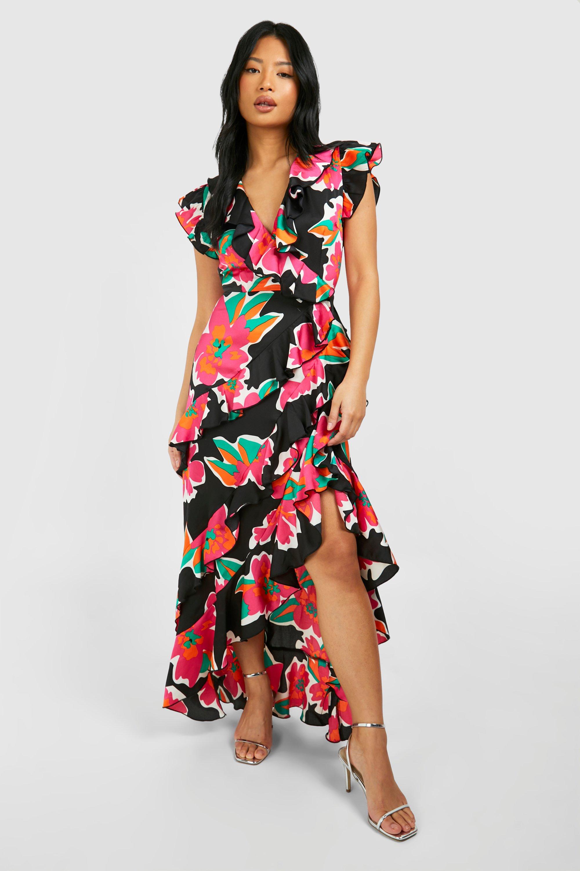 Image of Petite Bold Floral Wrap Ruffle Maxi Dress, Nero