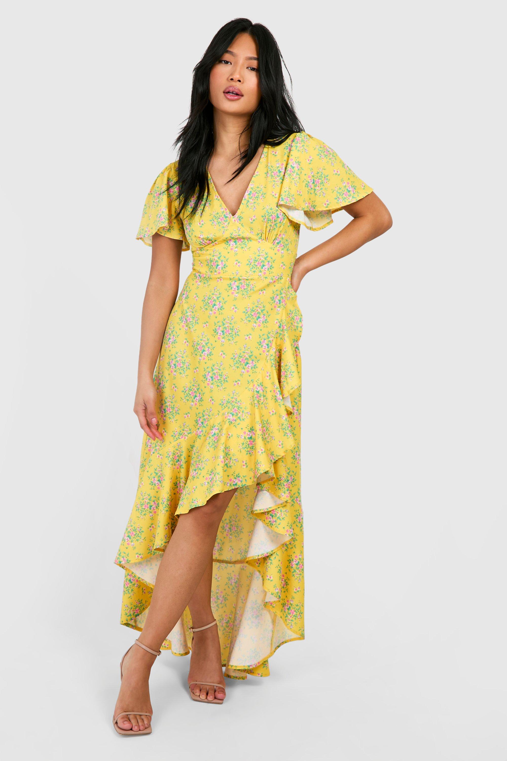 Image of Petite Ditsy Floral Angel Sleeve Wrap Midi Dress, Giallo