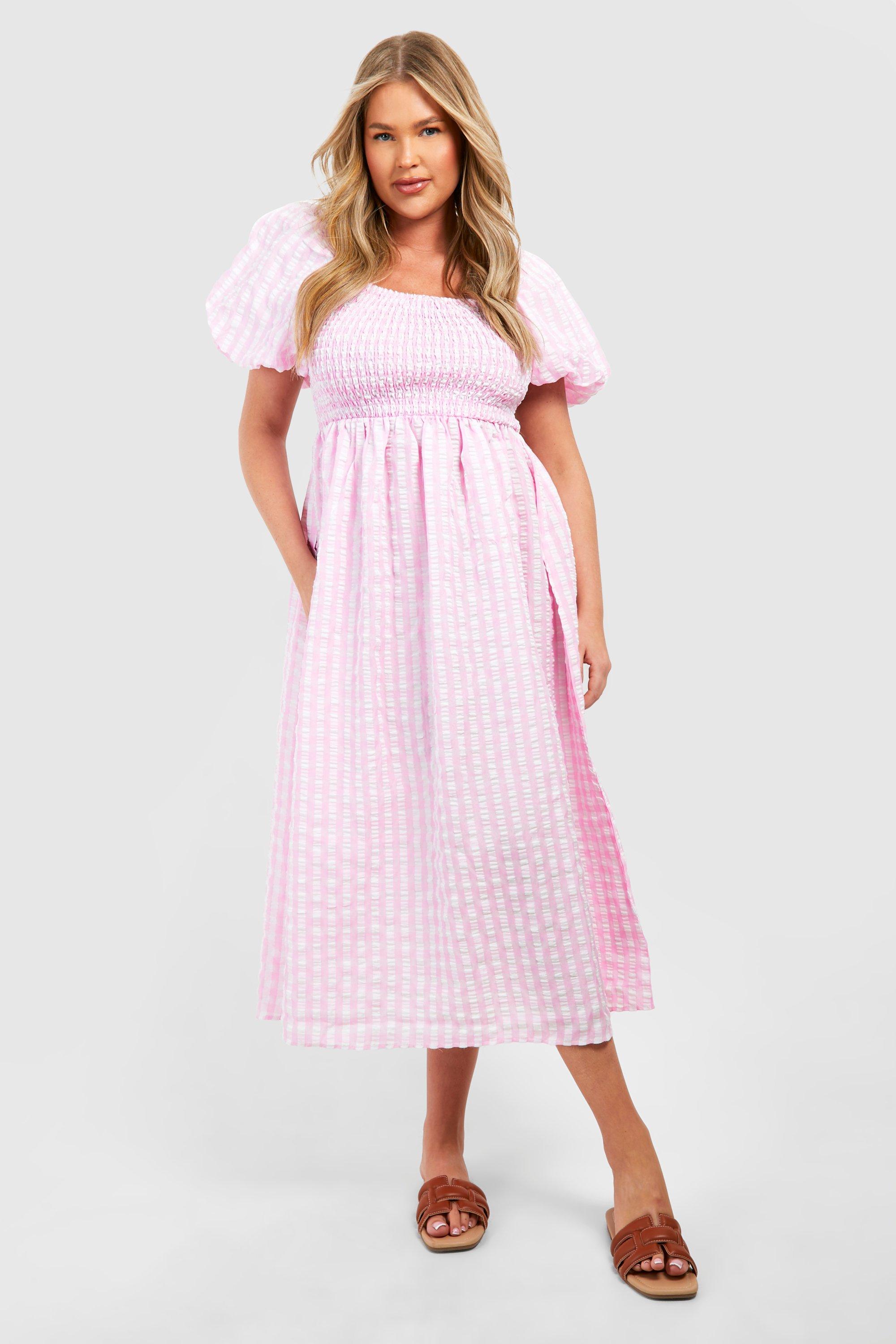 Image of Plus Textured Gingham Puff Sleeve Miidi Dress, Pink