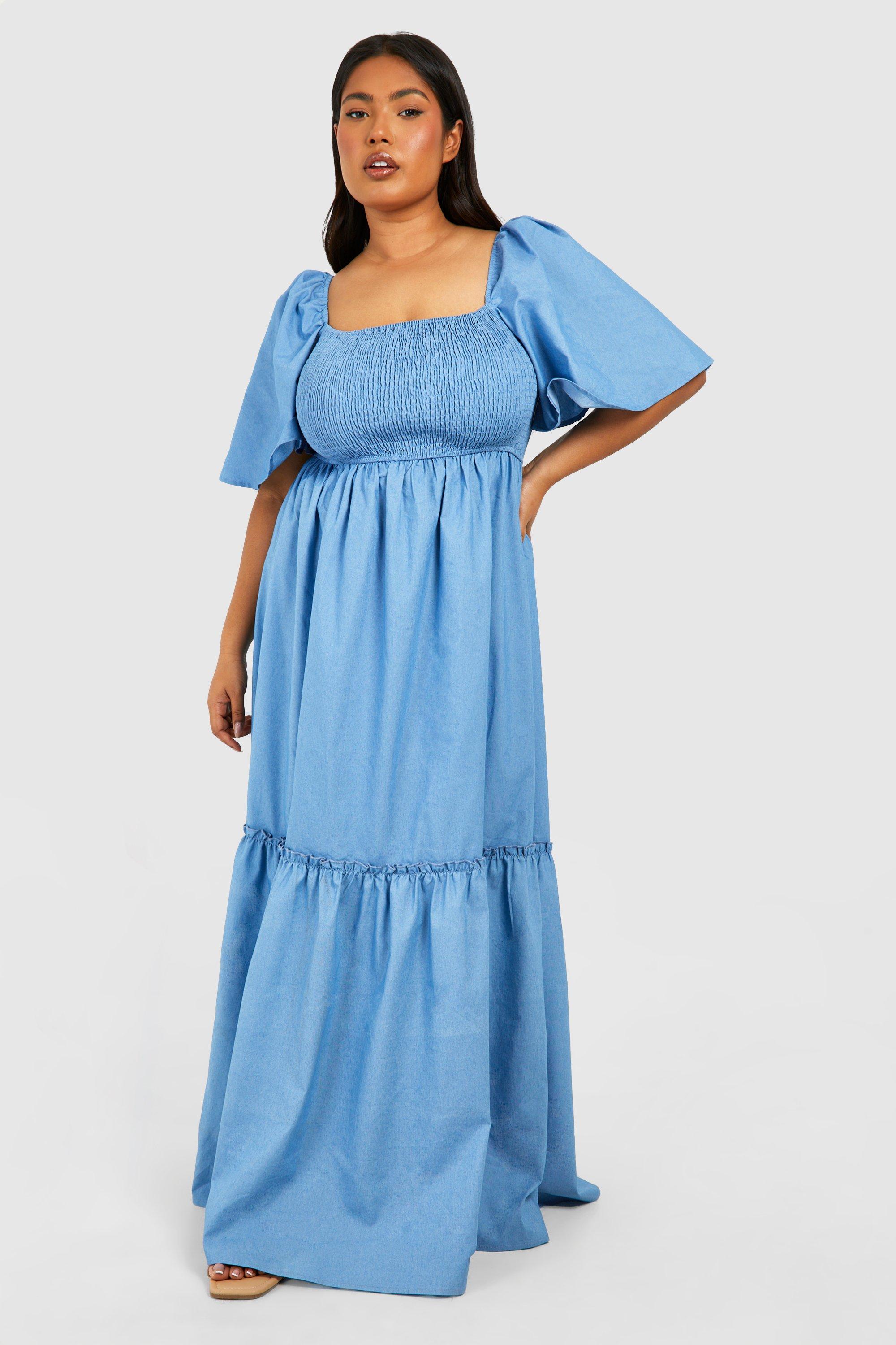 Image of Plus Chambray Puff Sleeve Midaxi Smock Dress, Azzurro