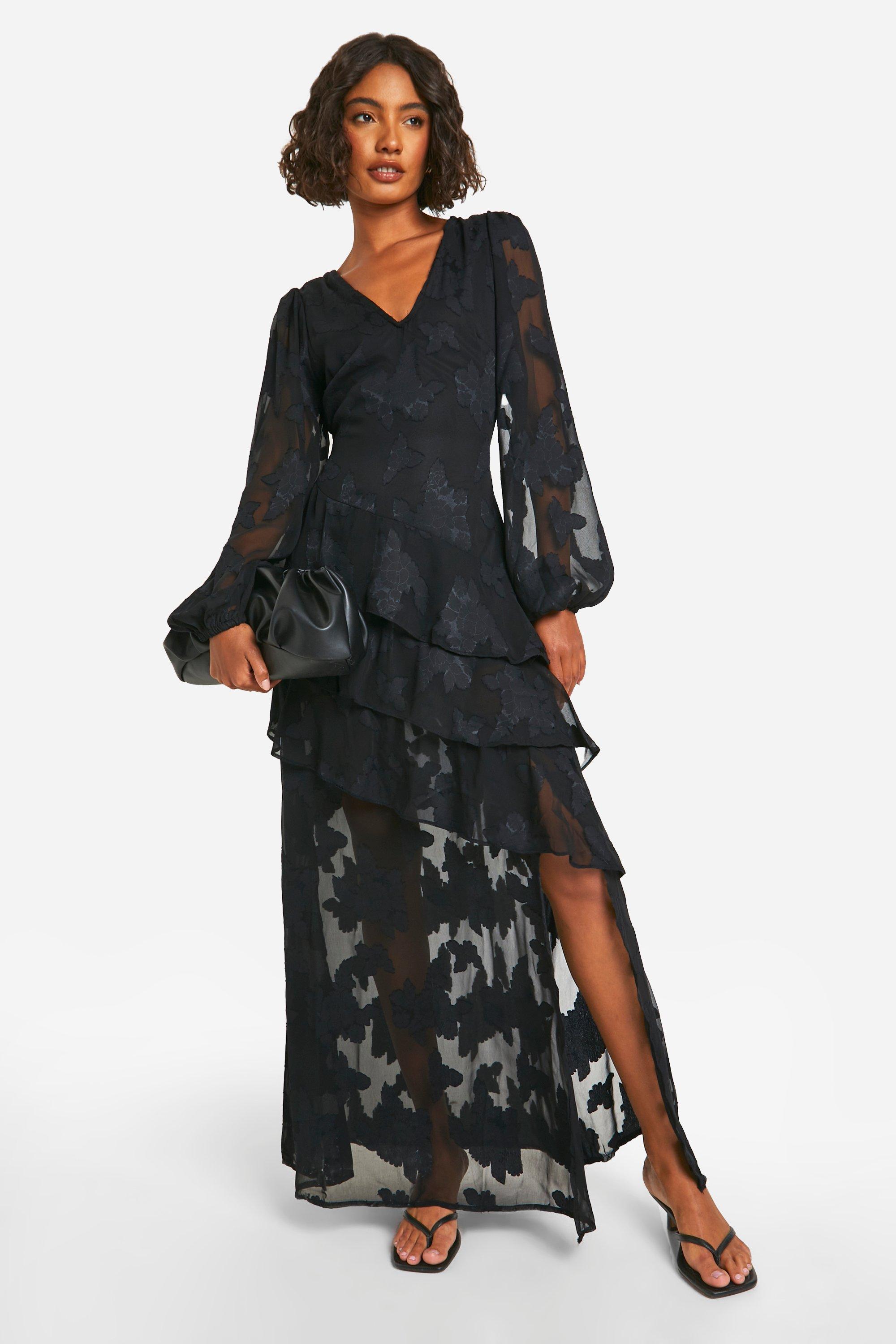Boohoo Tall Burnout Floral Frill Detail Maxi Dress, Black