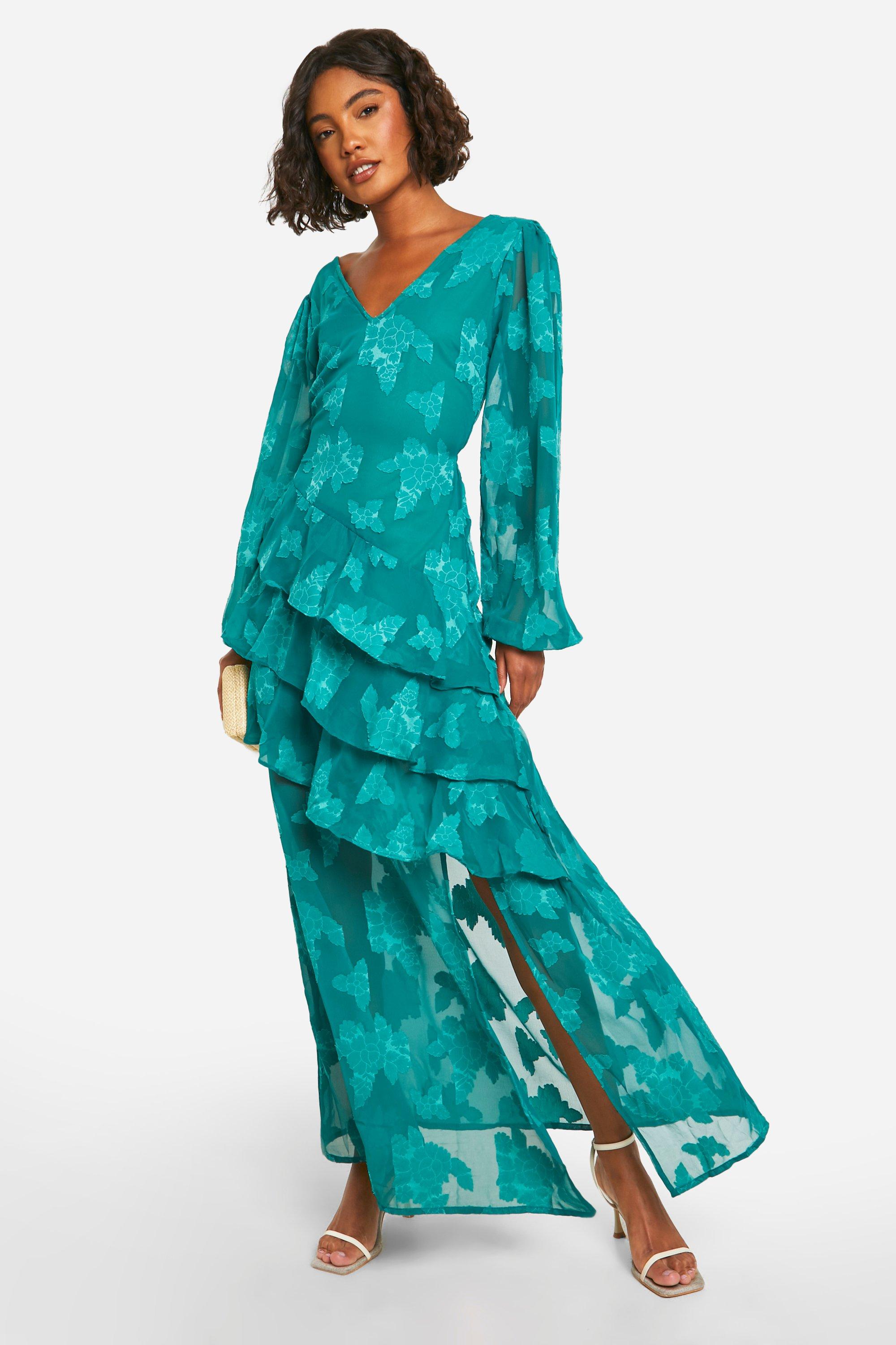 Boohoo Tall Burnout Floral Frill Detail Maxi Dress, Green