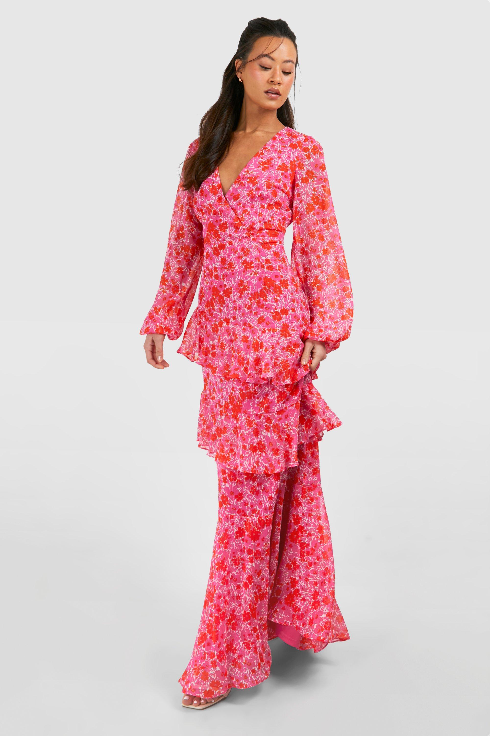 Image of Tall Woven Floral Wrap Tiered Maxi Dress, Pink