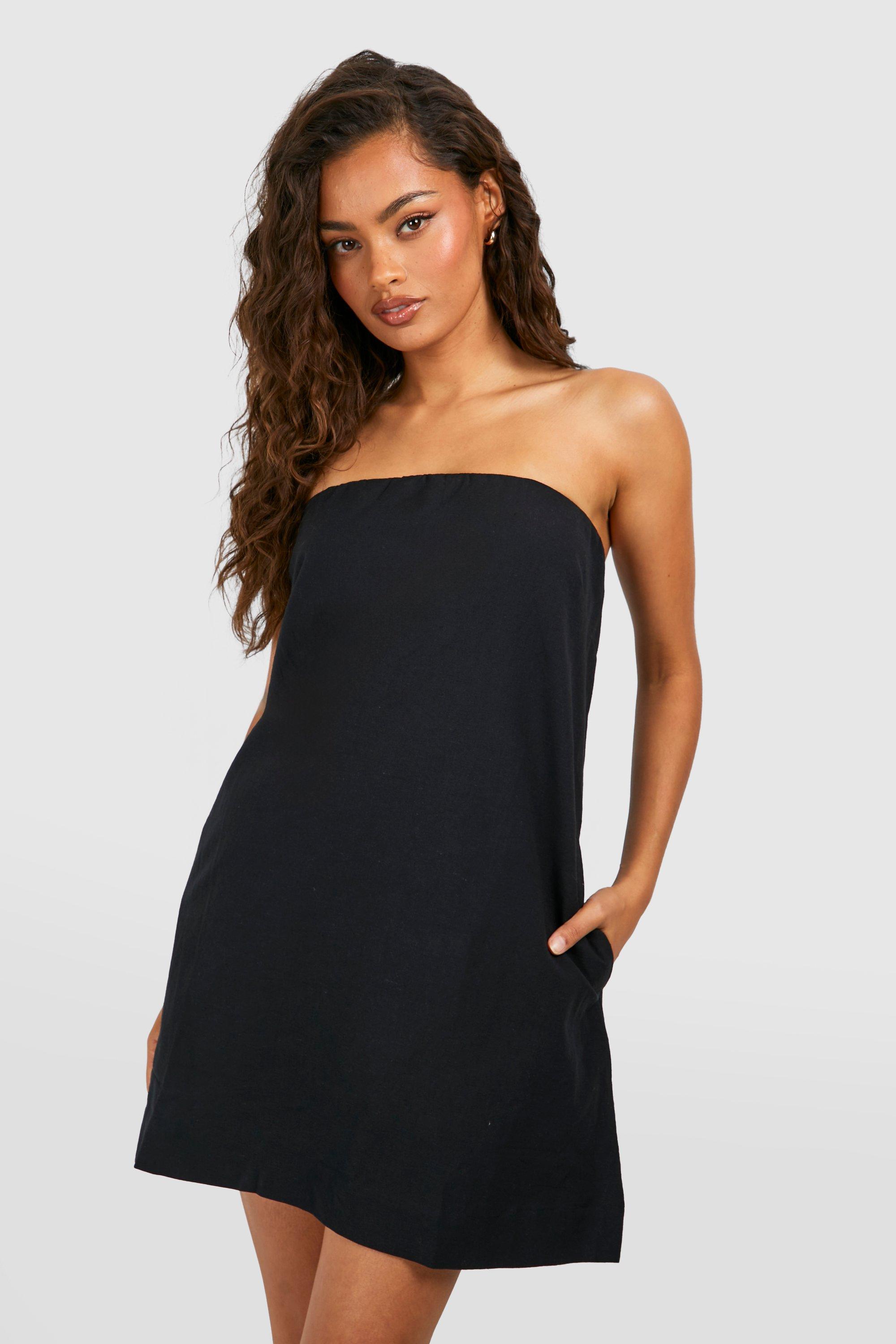 Womens Linen Look Bandeau Mini Dress - Black - 10, Black