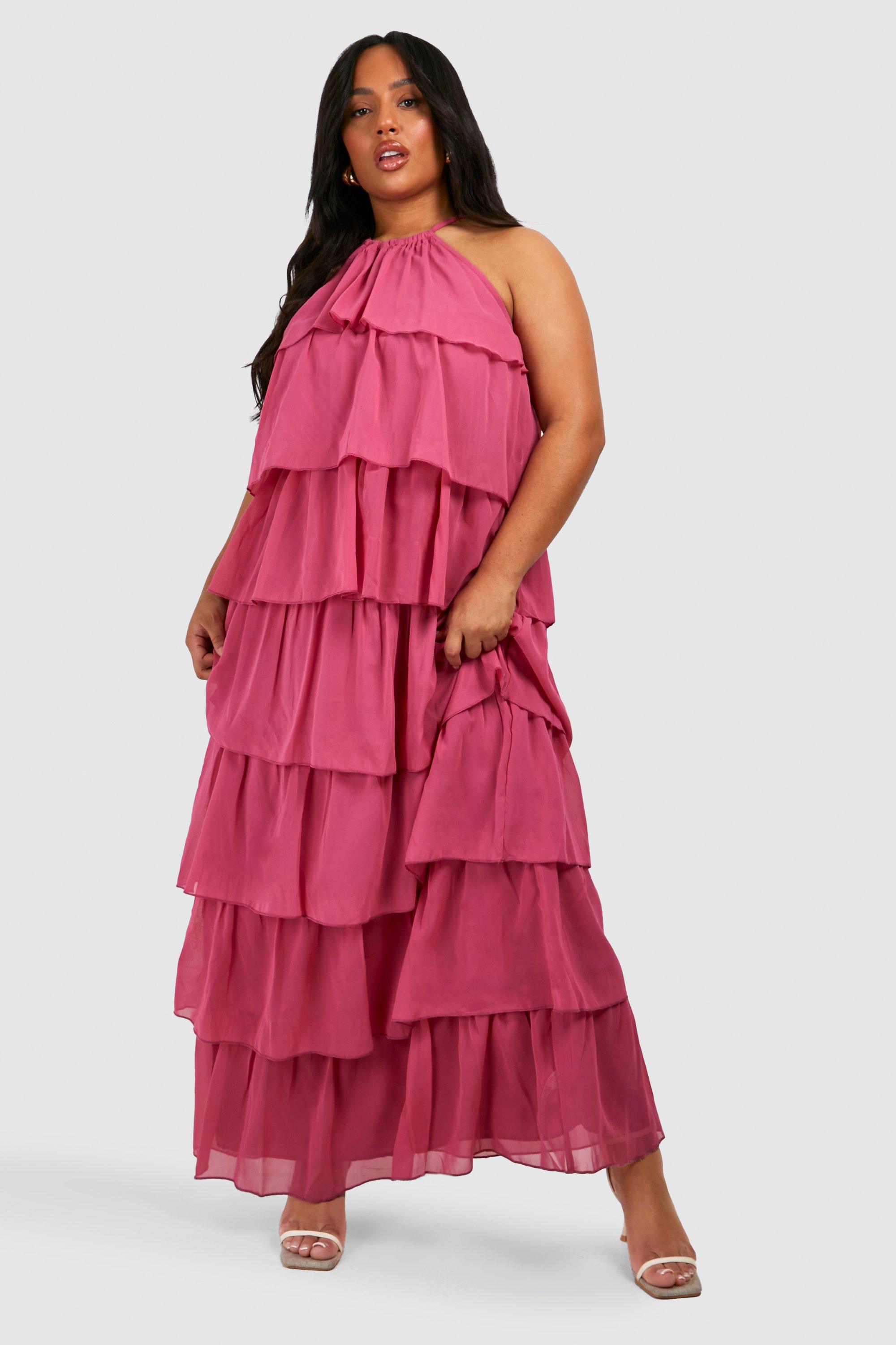 Boohoo Plus Woven Tiered Maxi Dress, Pink