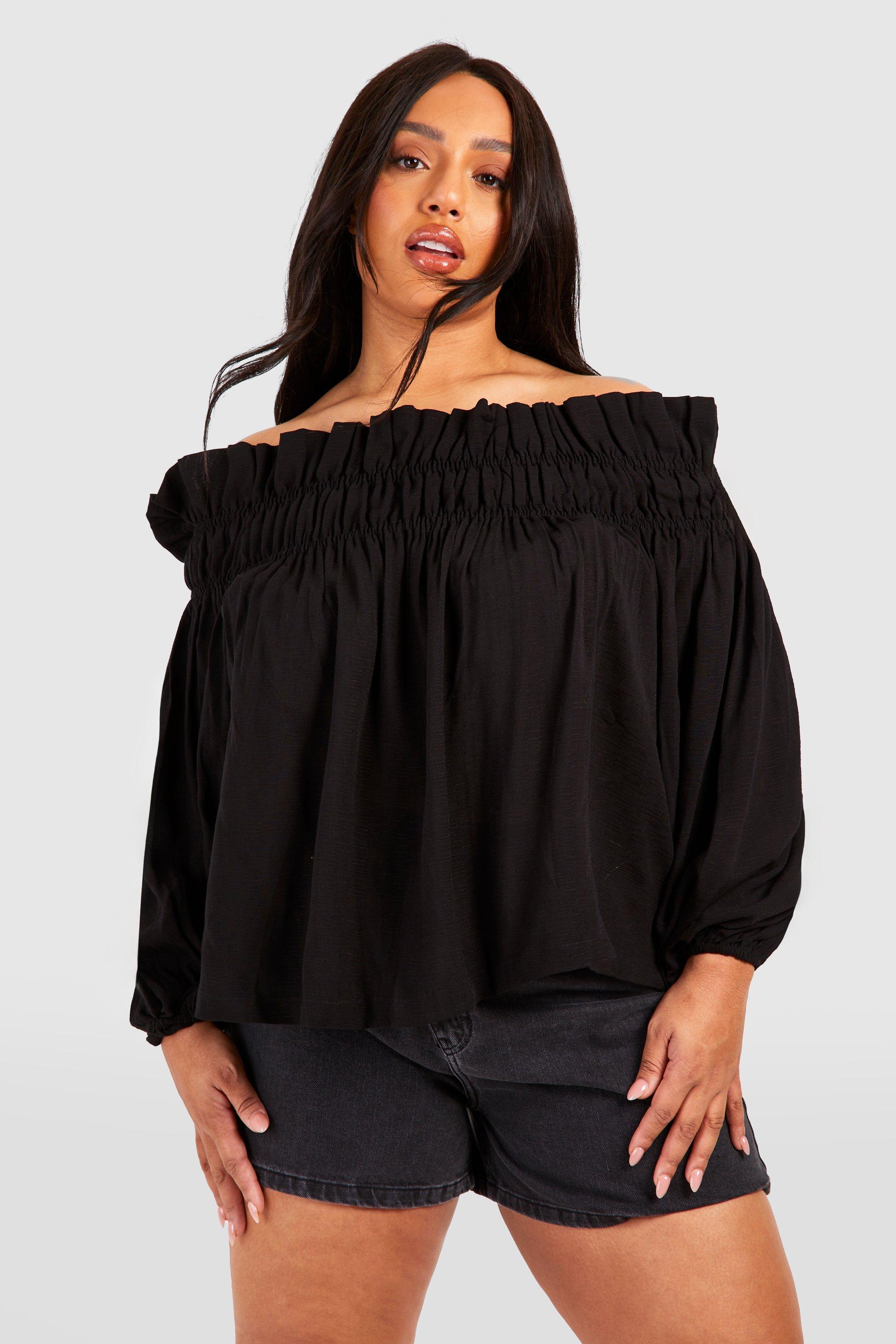 Image of Plus Woven Textured Off The Shoulder Smock Top, Nero