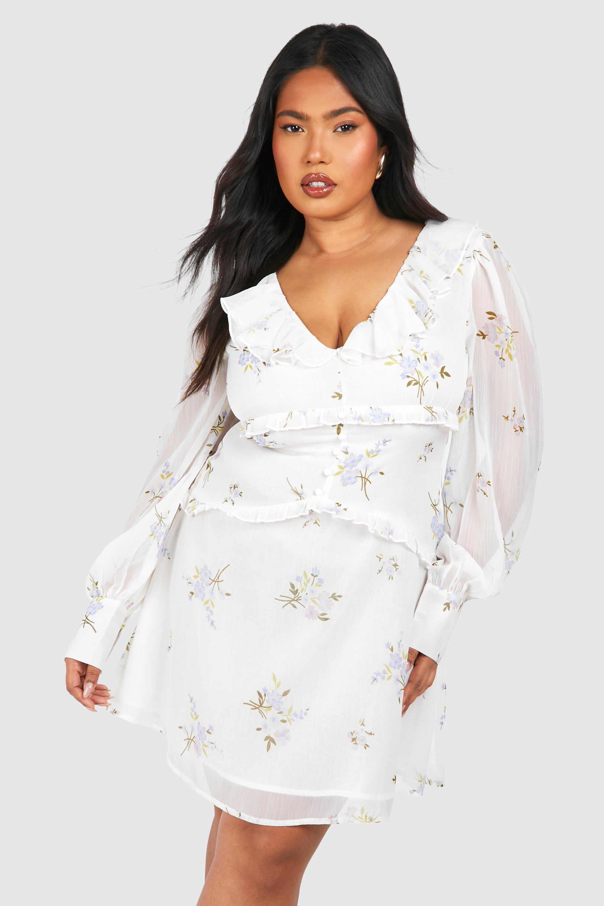 Image of Plus Woven Floral Print Ruffle Detail Long Sleeve Mini Dress, Bianco