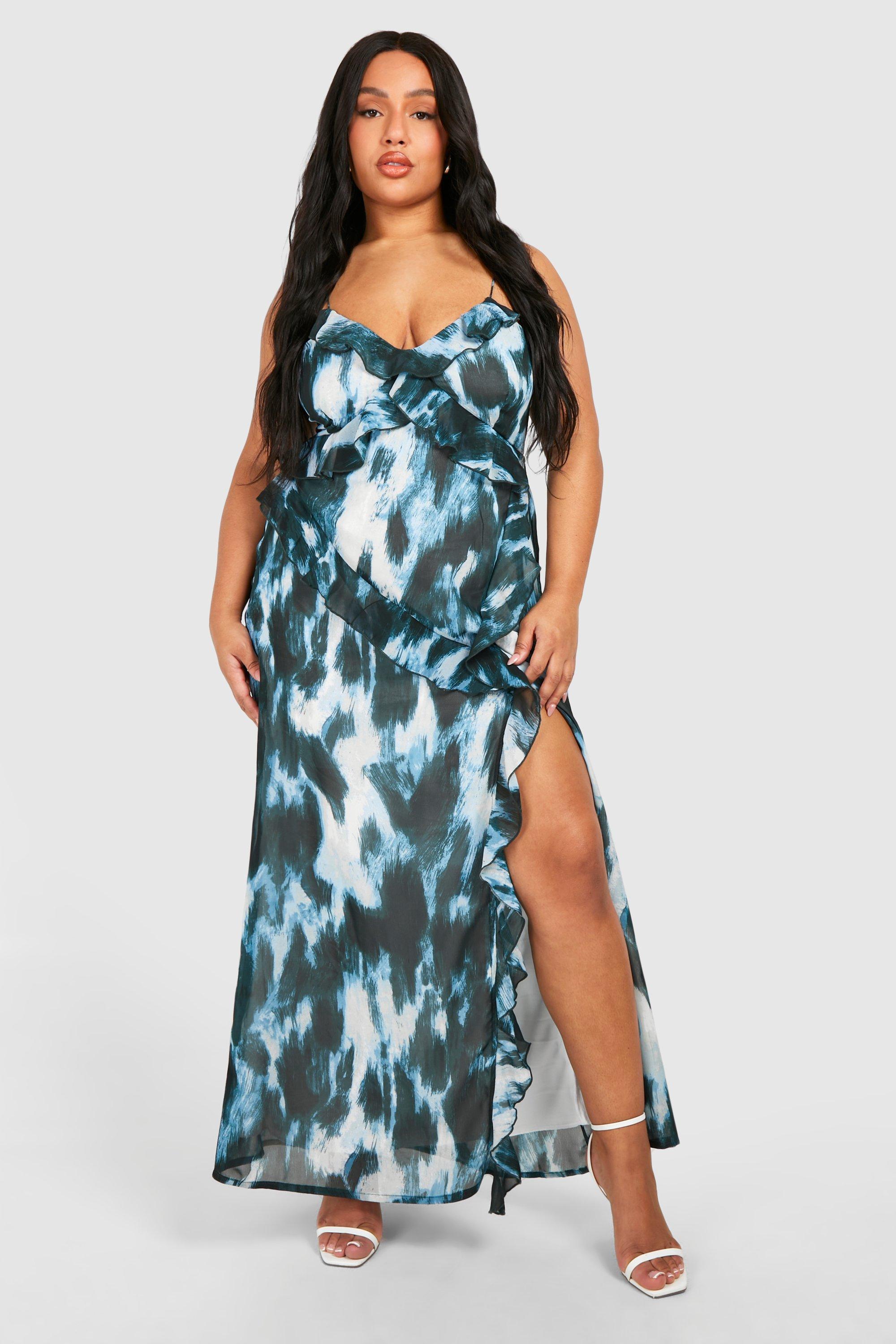 Image of Plus Woven Abstract Print Ruffle Detail Strappy Maxi Dress, Azzurro