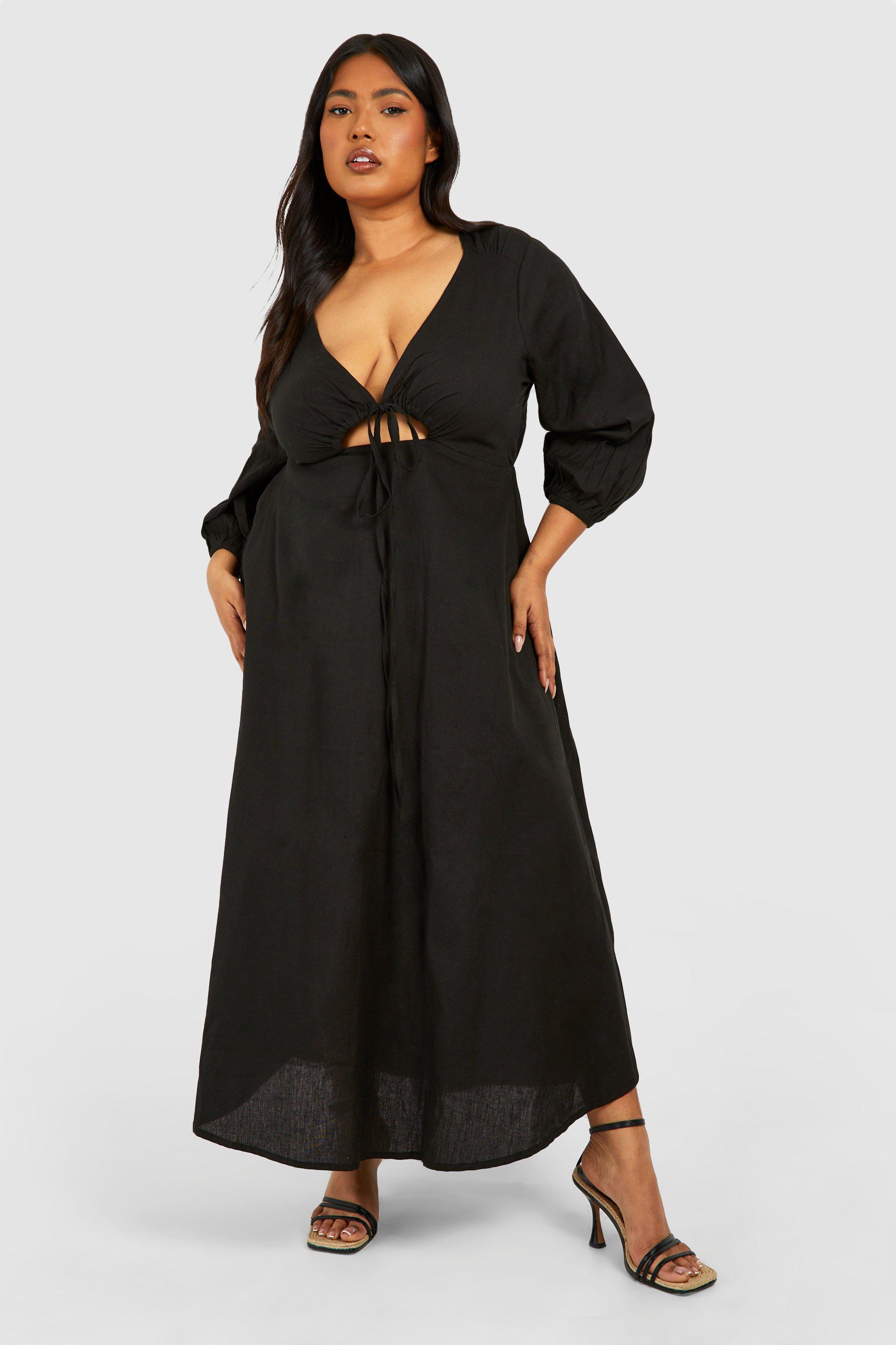 Boohoo Plus Linen Feel Cut Out Detail Midaxi Dress, Black