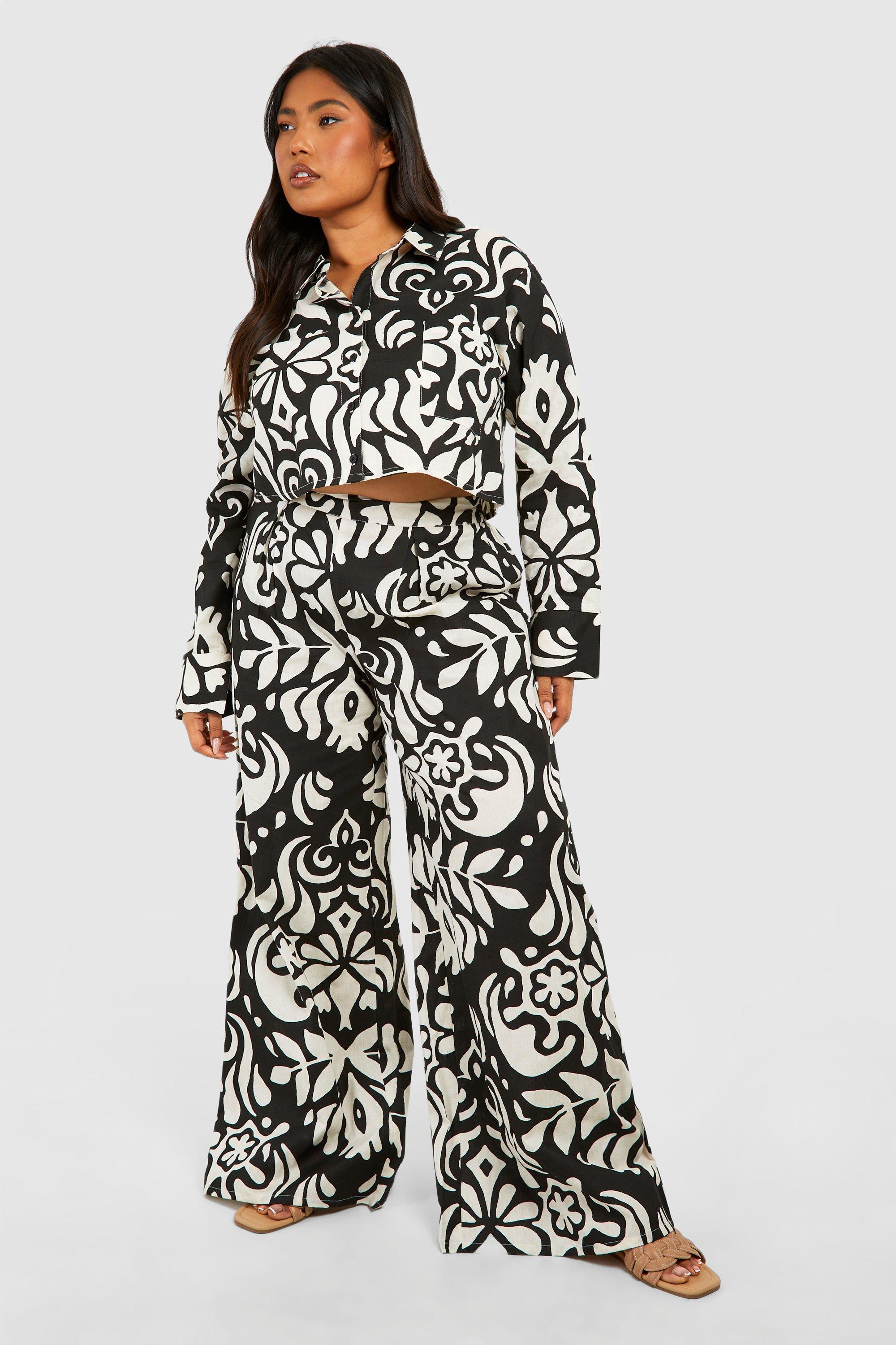 Image of Plus Abstract Print Long Sleeve Shirt & Trouser Co-ord, Mono