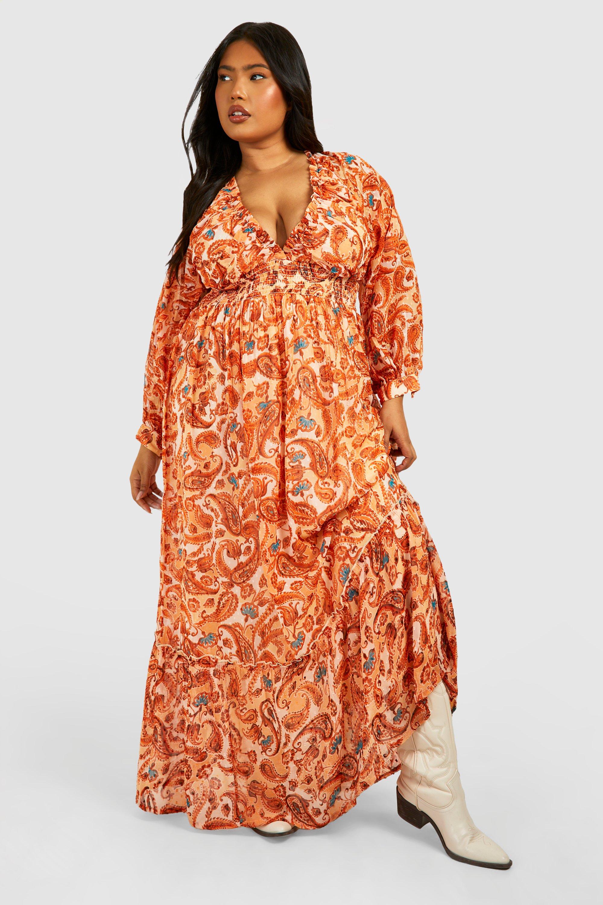 Image of Plus Woven Paisley Print V Neck Floaty Maxi Dress, Multi