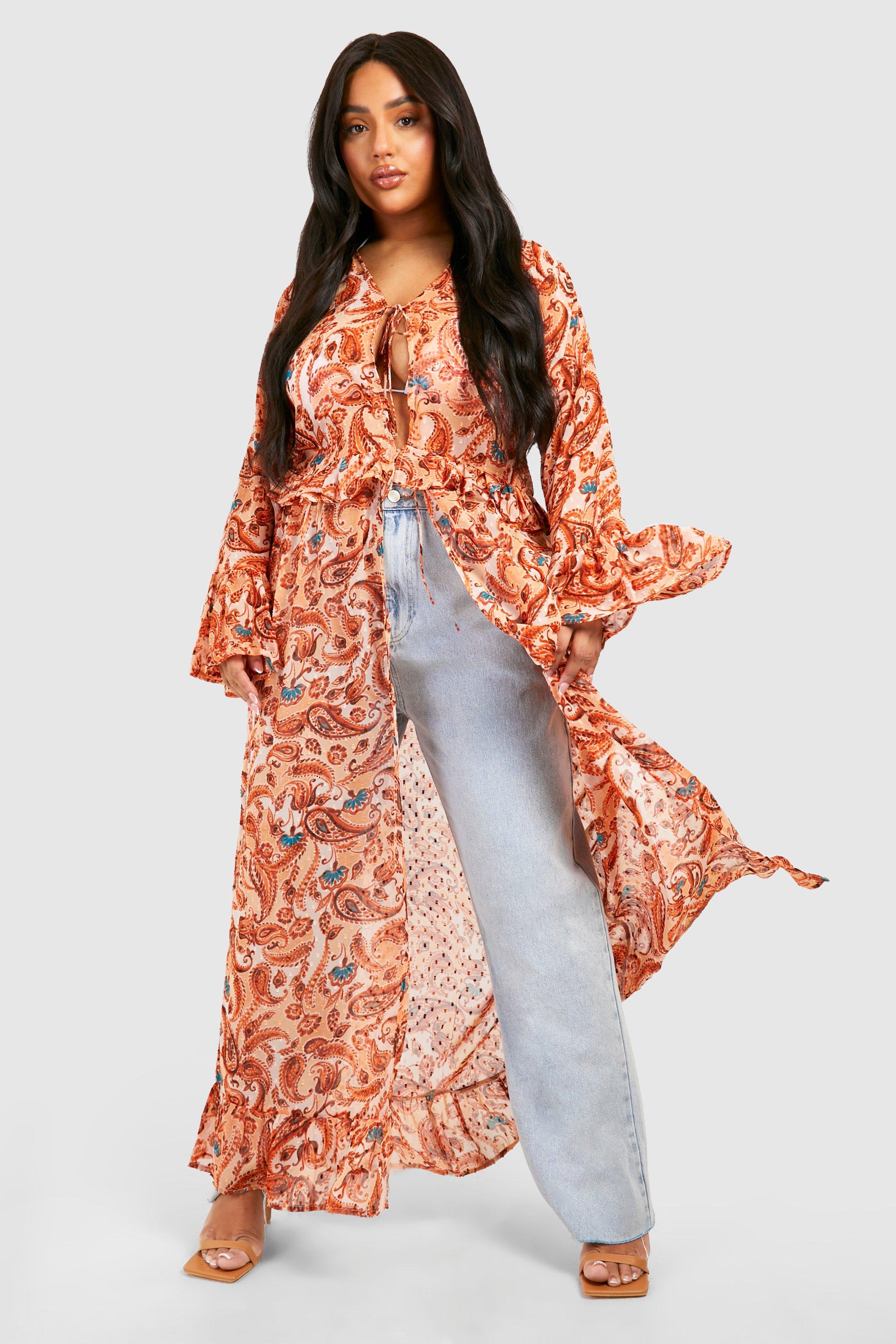 Image of Plus Woven Paisley Print Frill Detail Longline Kimono, Bianco