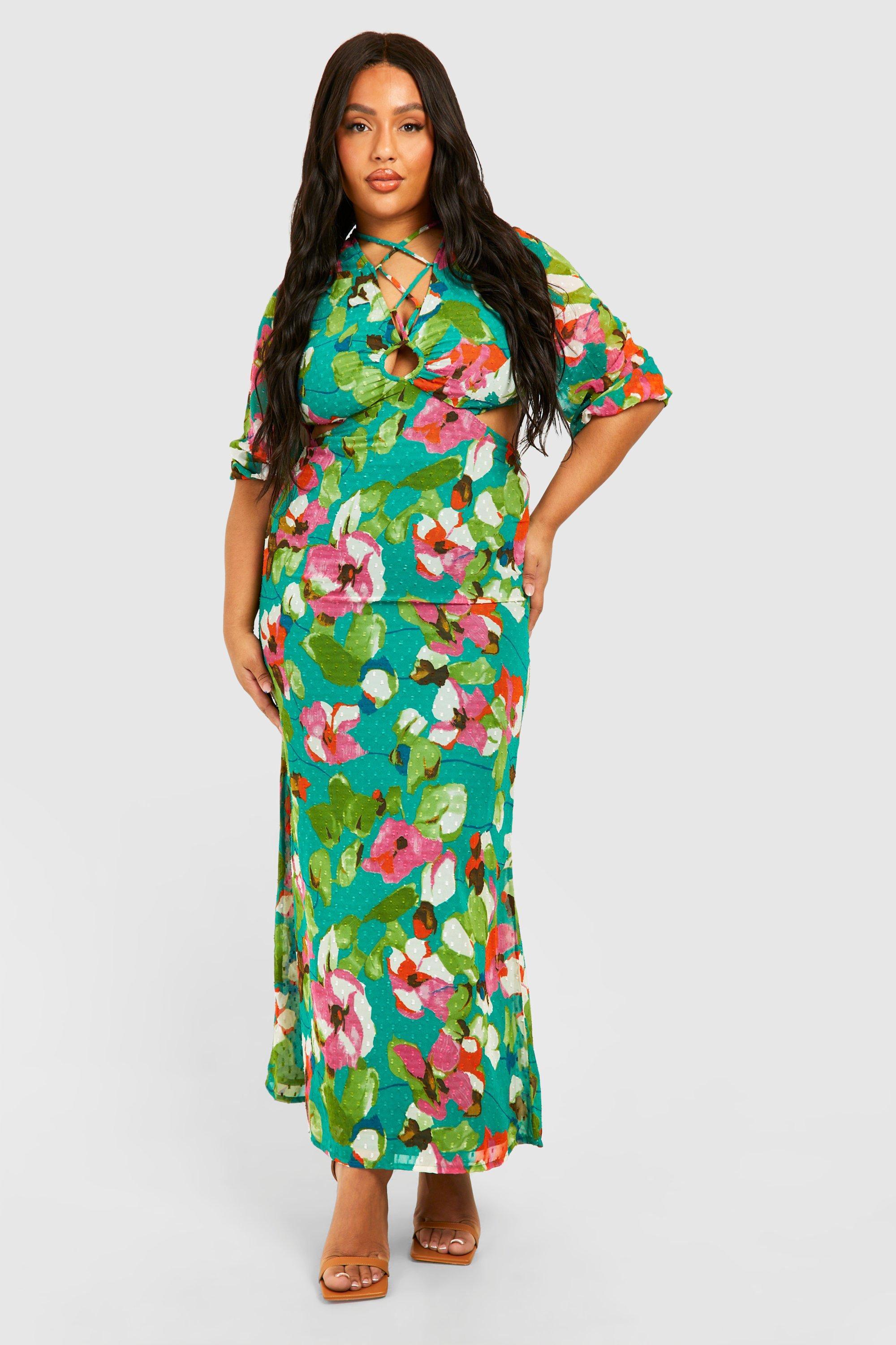 Image of Plus Woven Floral Print Plunge Long Sleeve Midaxi Dress, Verde