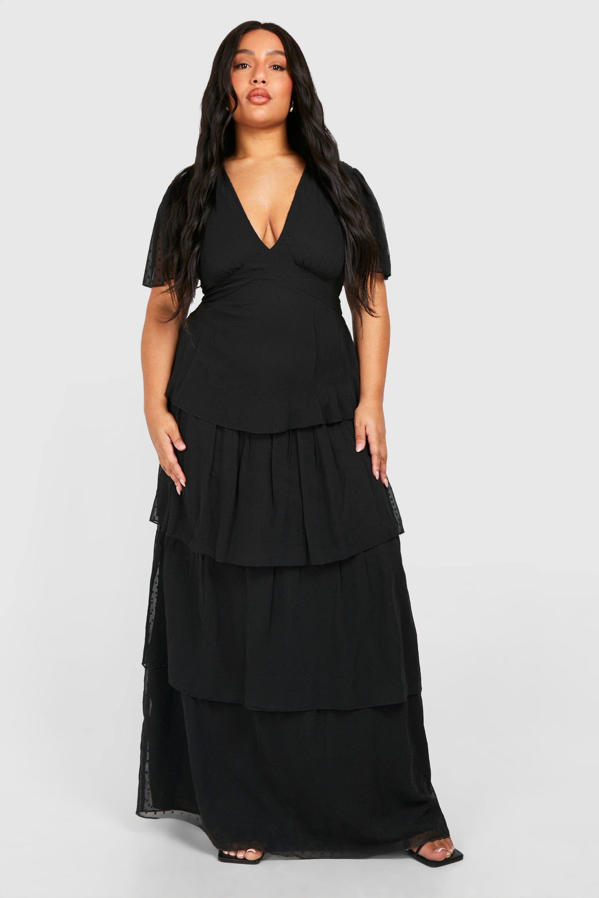 Plus Woven Angel Sleeve Tiered Maxi Dress - Black - 24