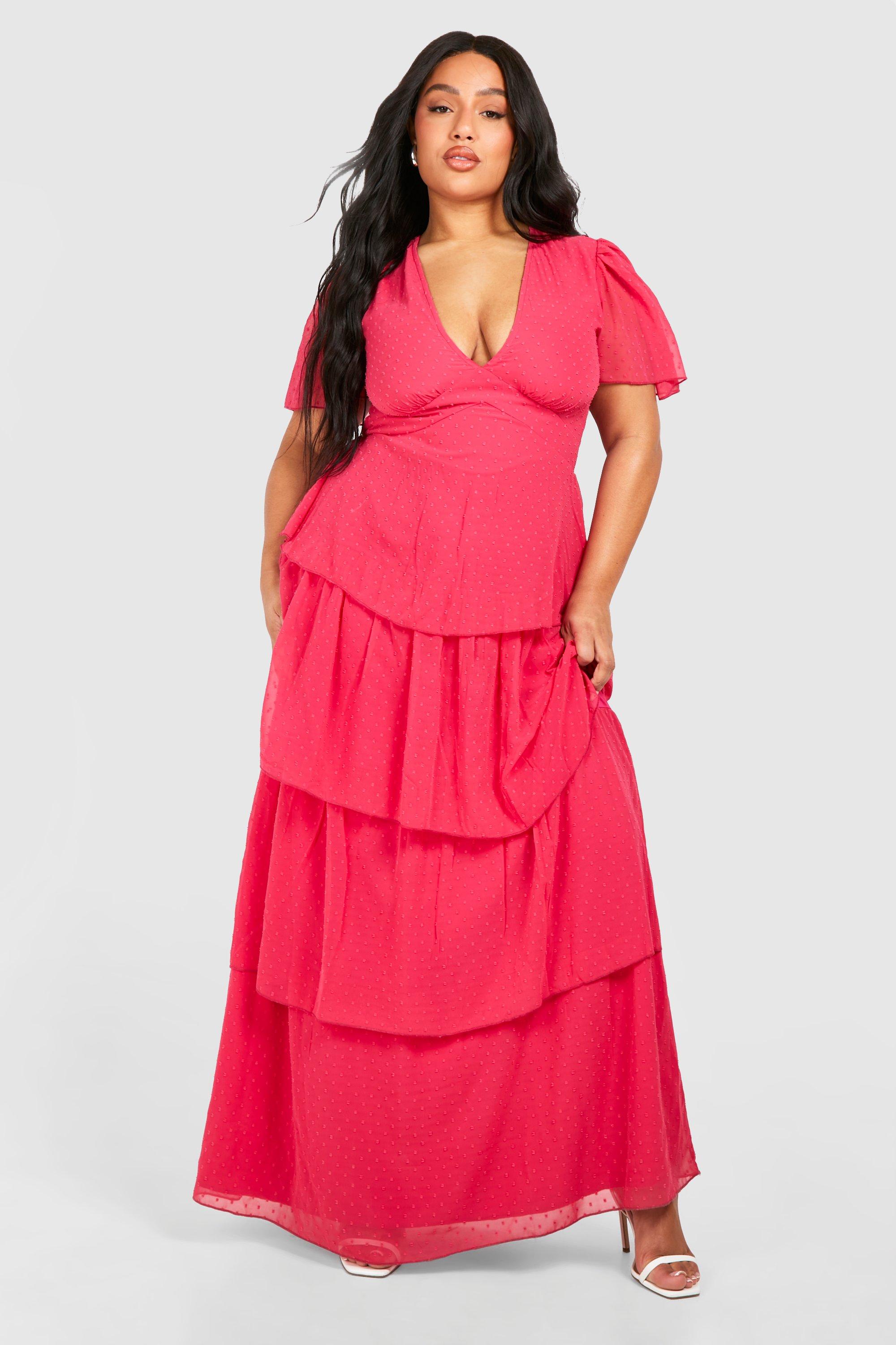 Boohoo Plus Woven Angel Sleeve Tiered Maxi Dress, Hot Pink