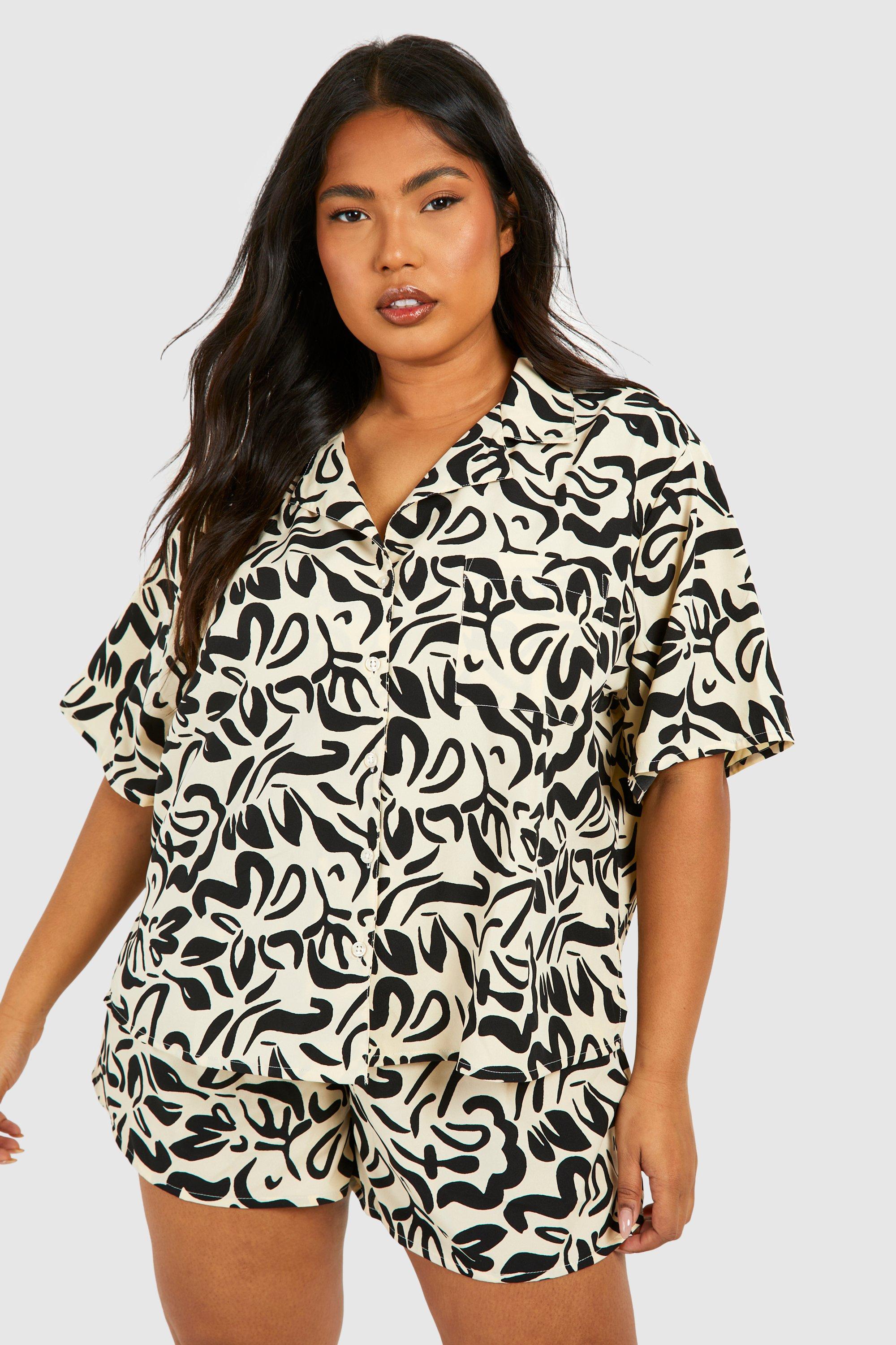 Image of Plus Woven Abstract Print Short Sleeve Shirt & Short Co-ord, Mono