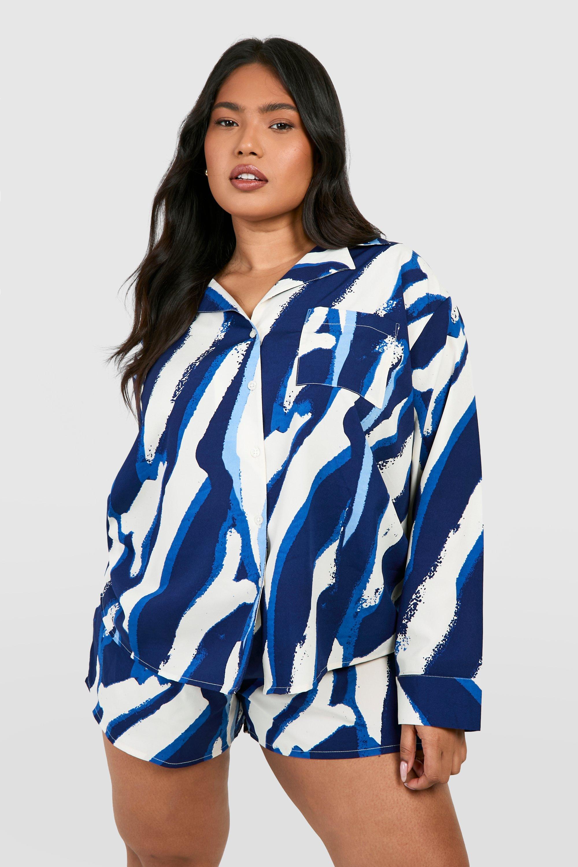 Image of Plus Woven Zebra Print Long Sleeve Shirt & Short Co-ord, Azzurro