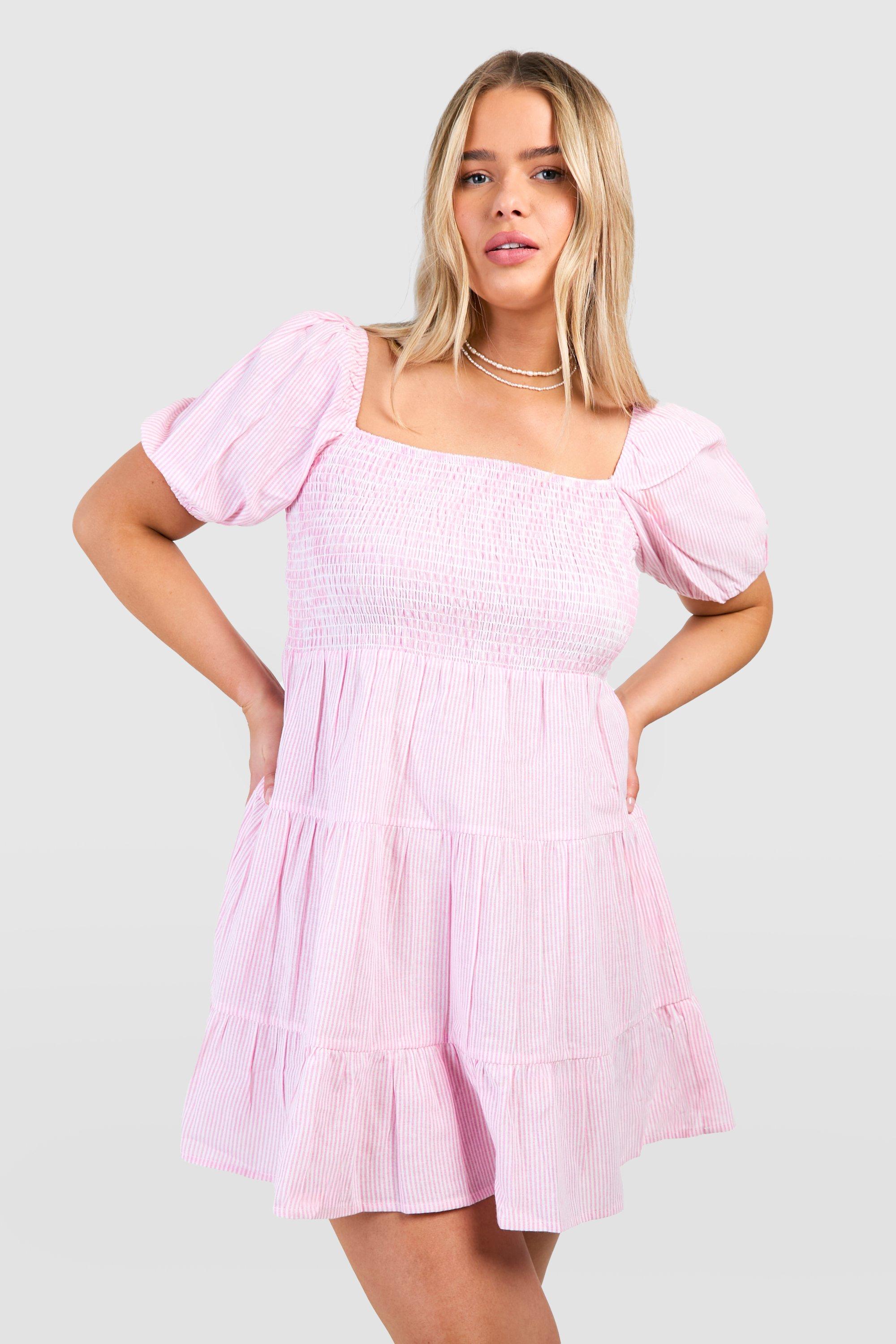 Boohoo Plus Woven Pinstripe Puff Sleeve Tiered Mini Dress, Pink