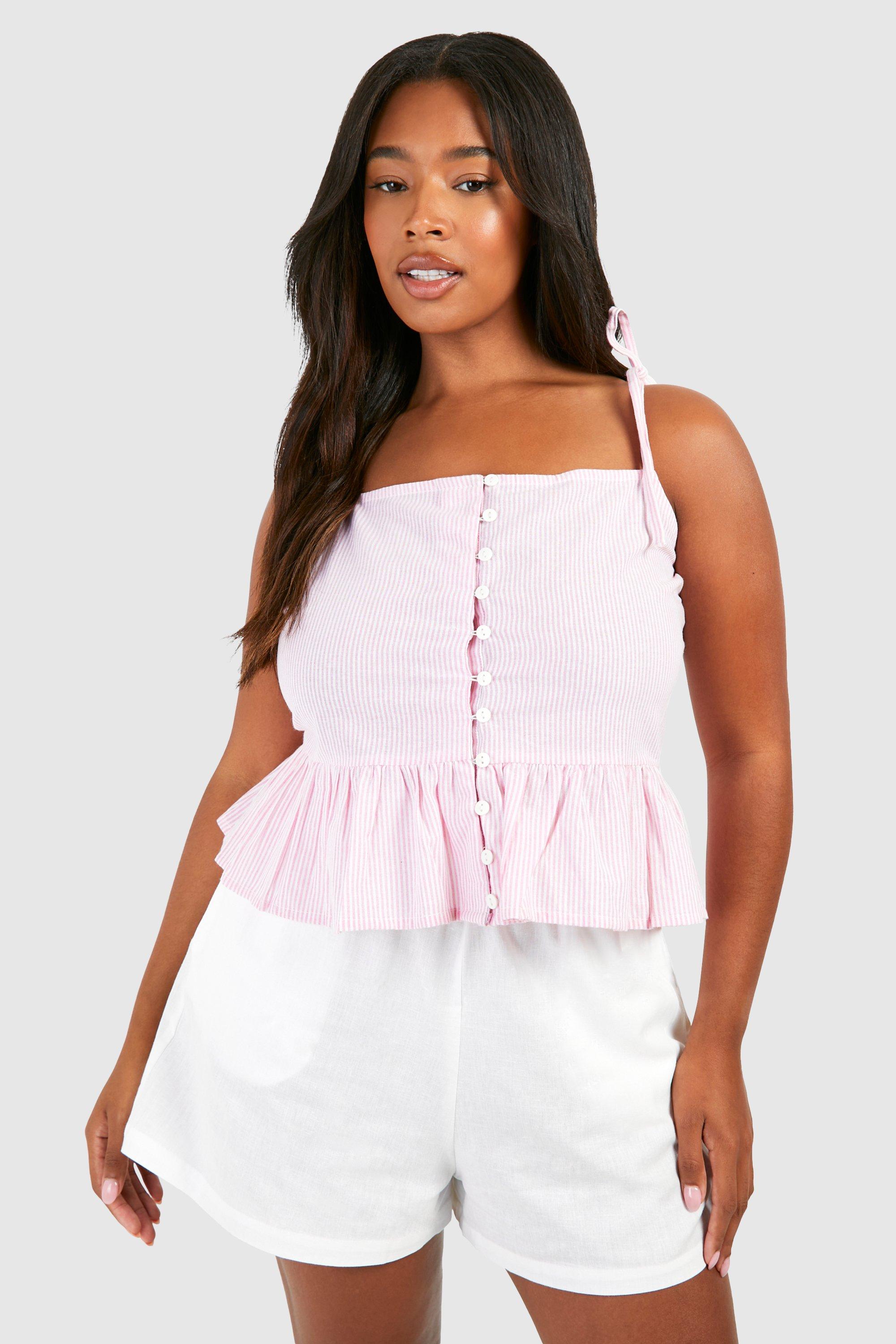 Image of Plus Woven Pinstripe Tie Strap Frill Hem Top, Pink