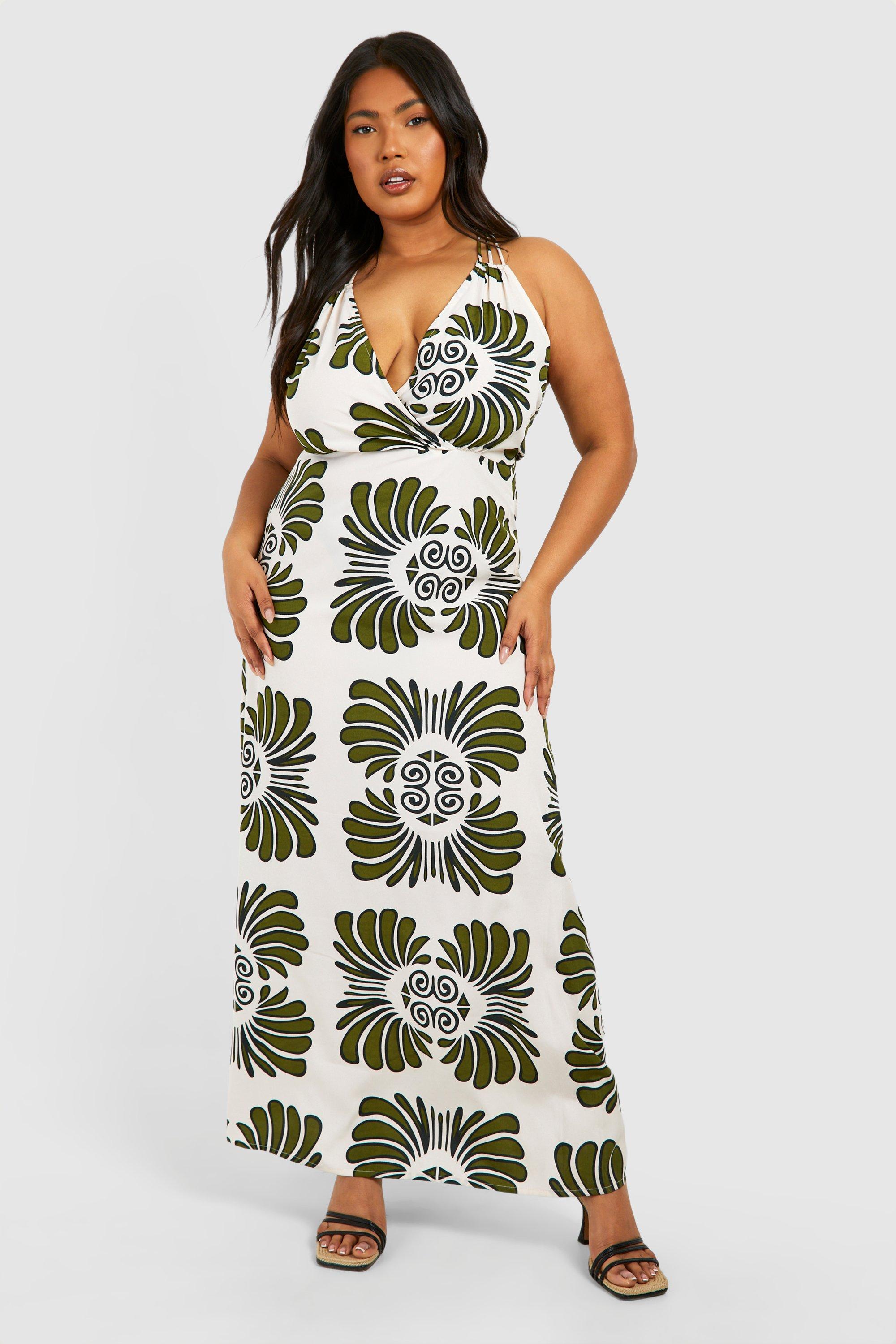 Image of Plus Woven Scarf Print Strappy V Neck Maxi Dress, Verde