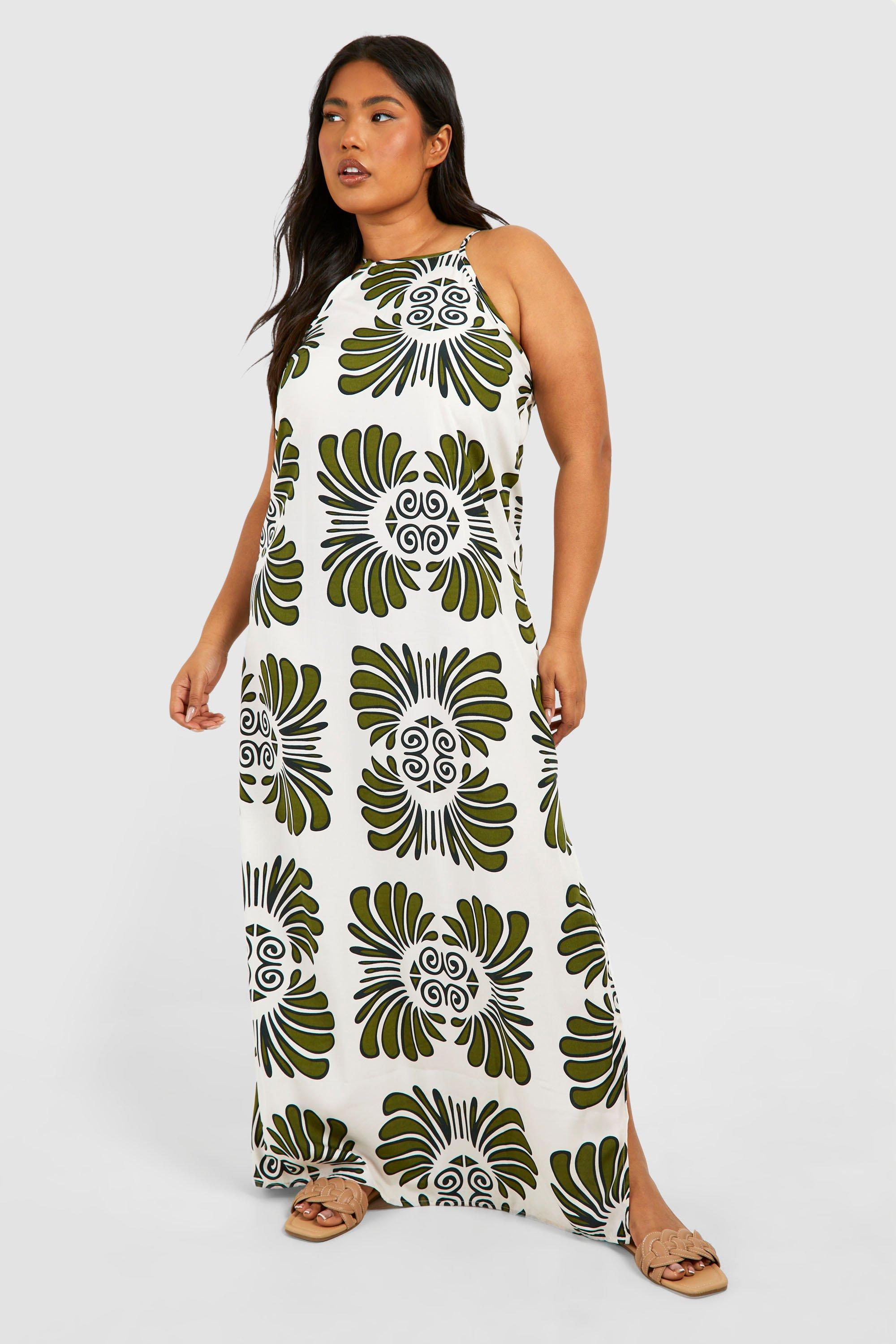 Image of Plus Woven Scarf Print One Shoulder Maxi Dress, Verde
