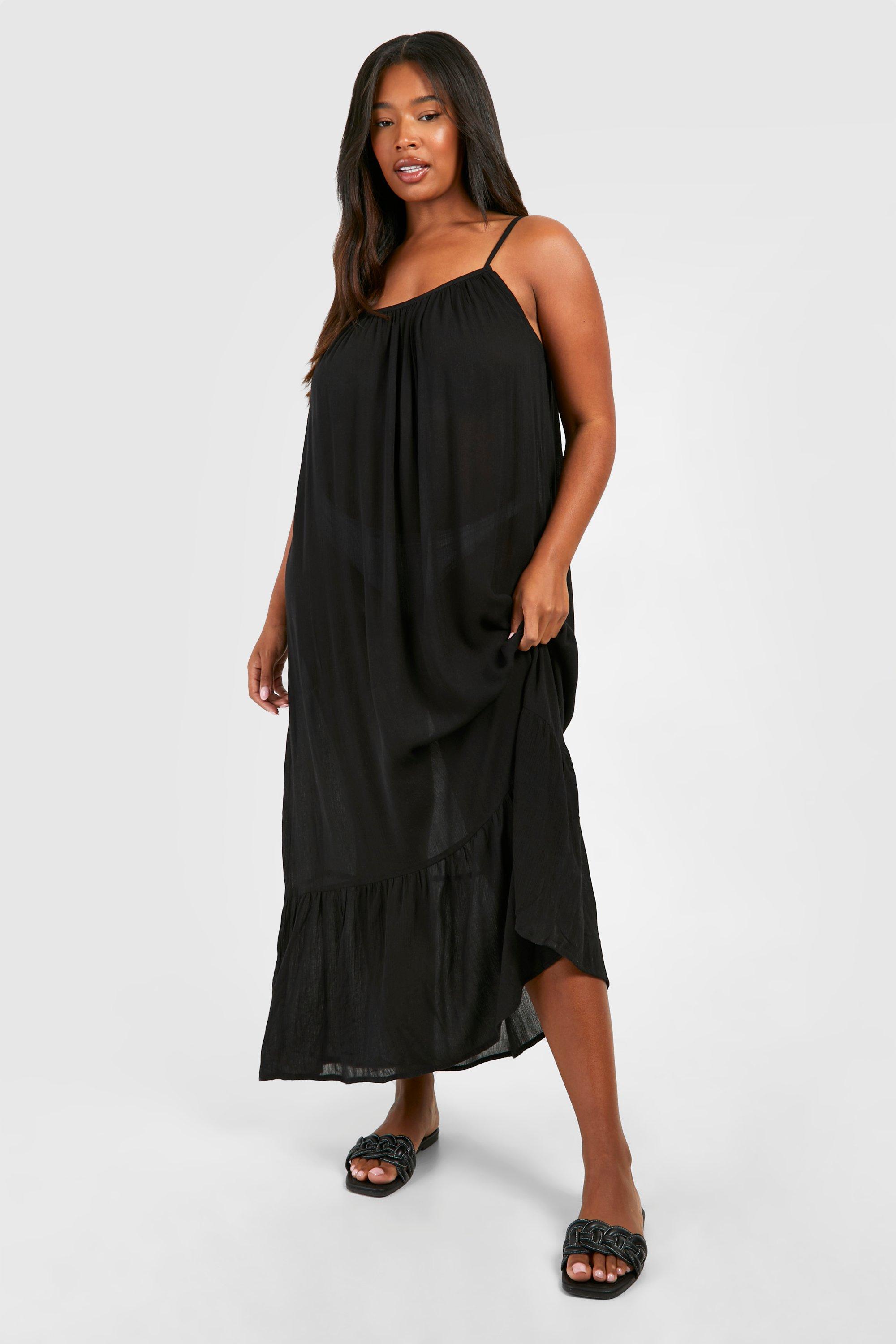 Image of Plus Woven Strappy Tiered Hem Midaxi Dress, Nero
