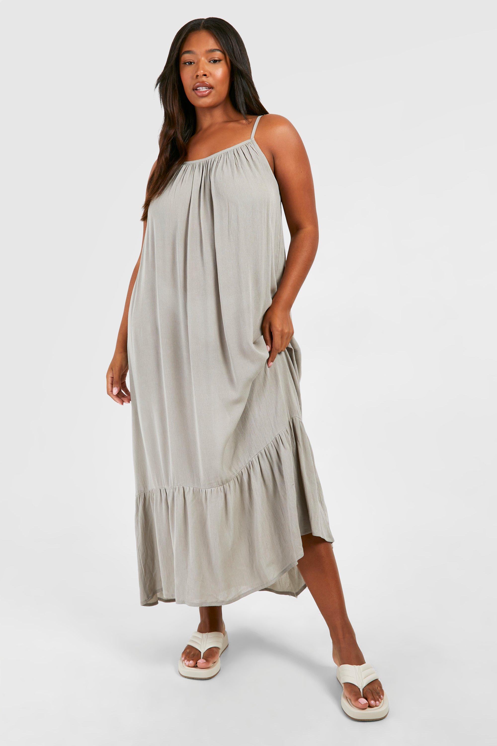 Image of Plus Woven Strappy Tiered Hem Midaxi Dress, Beige