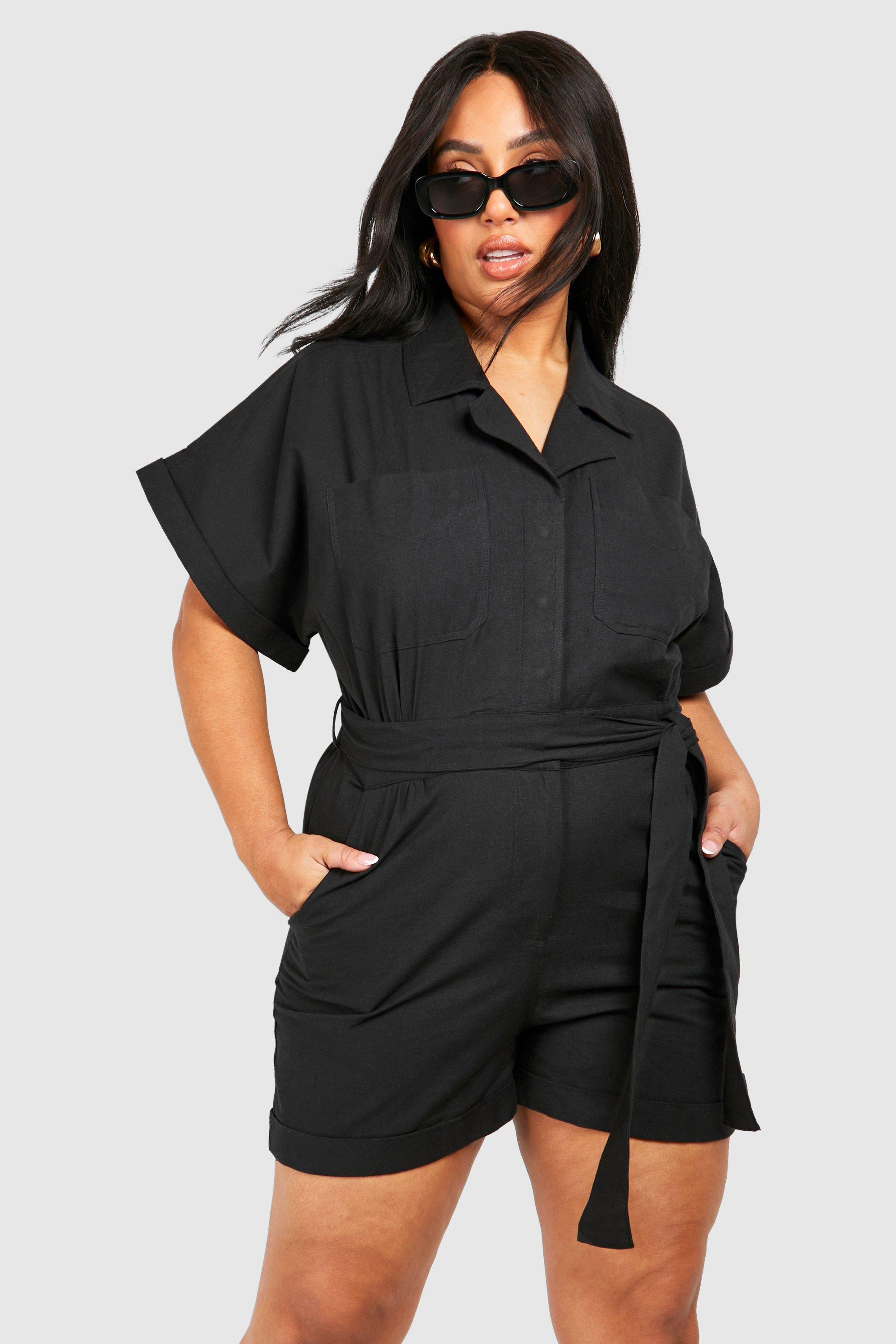 Image of Plus Woven Utility Belted Playsuit, Nero