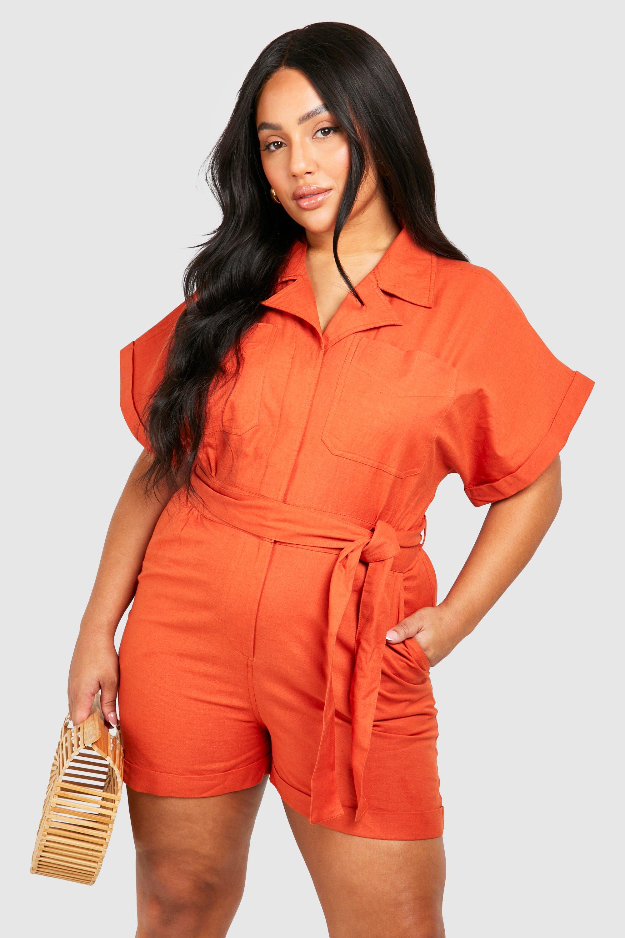 Image of Plus Woven Utility Belted Playsuit, Arancio