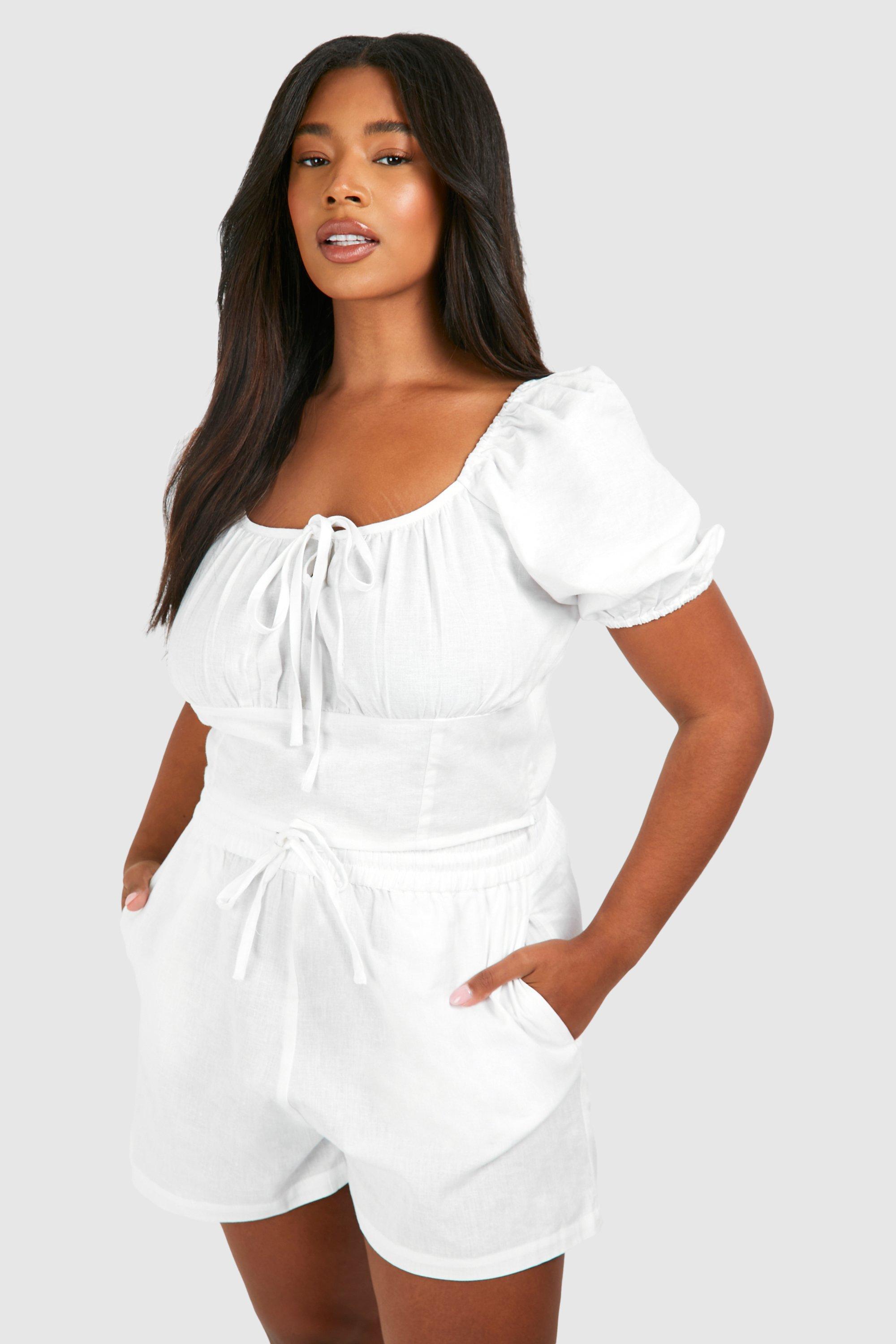 Image of Plus Linen Feel Puff Sleeve Ruched Bust Crop Top, Bianco