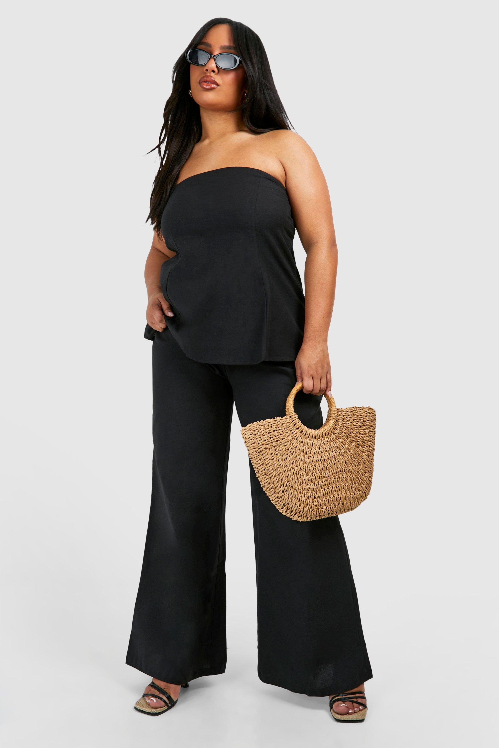 Womens Plus Linen Feel Wide Leg Trouser & Bandeau Top Co-Ord - Black - 20, Black