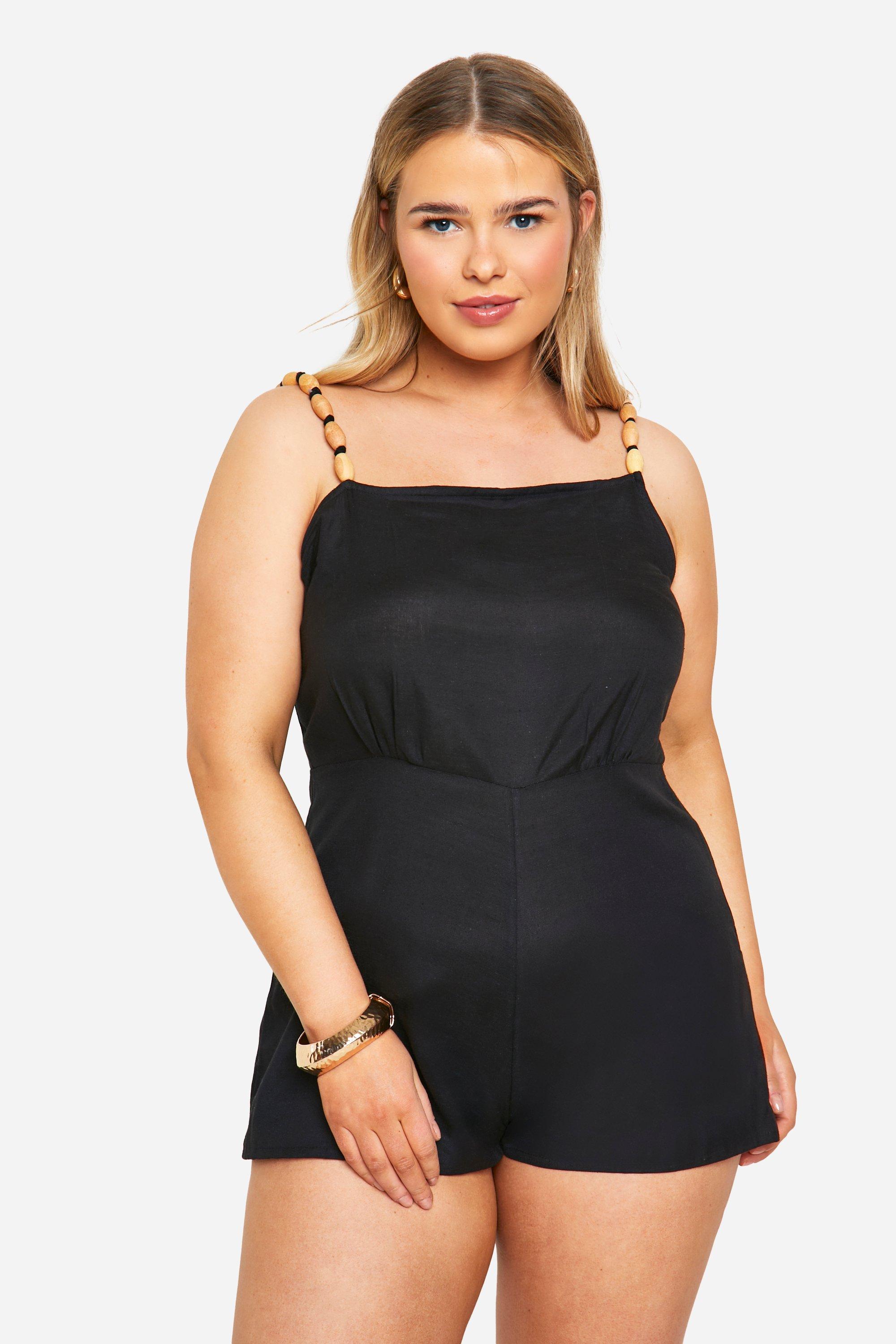 Image of Plus Woven Bead Detail Strappy Playsuit, Nero