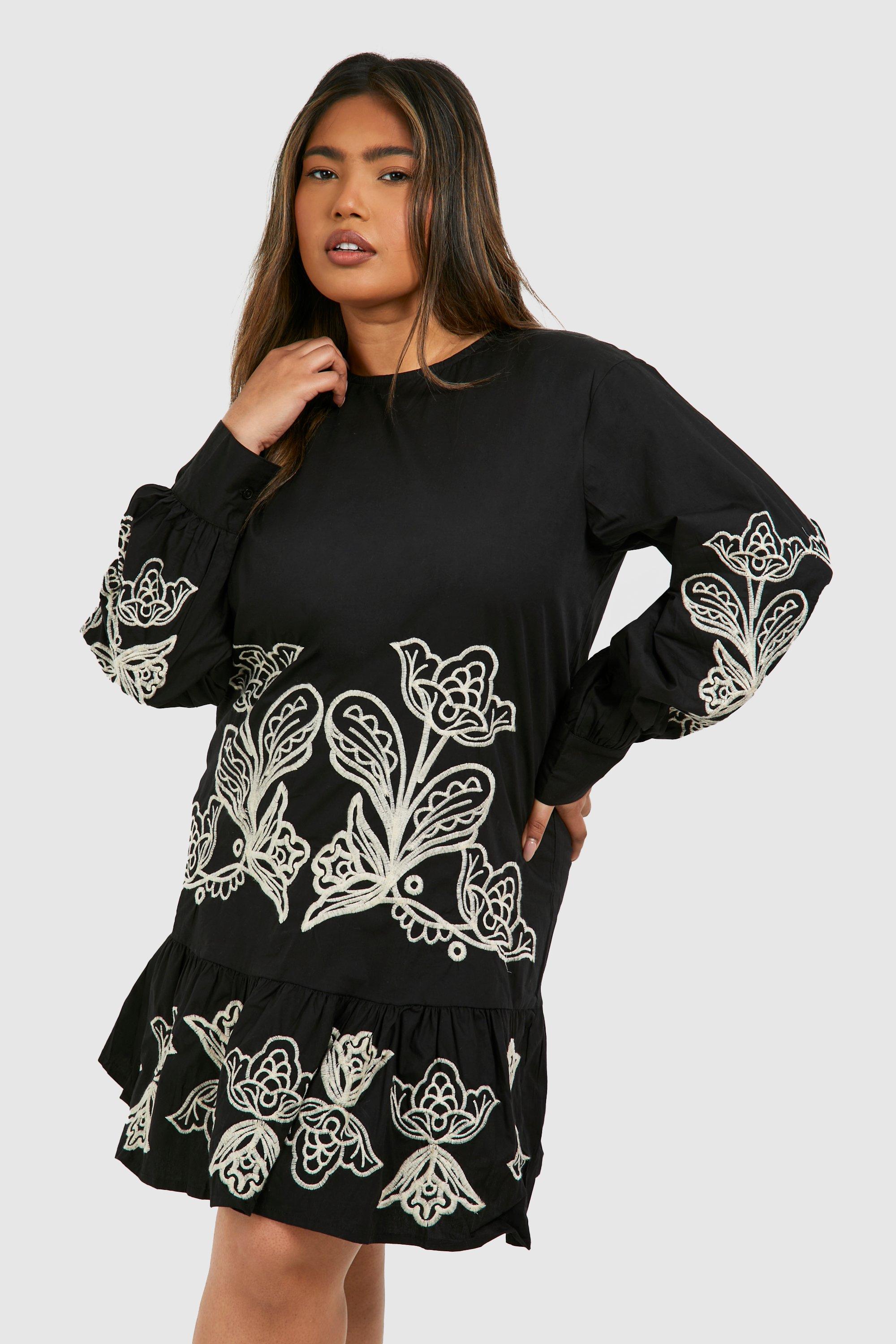 Image of Plus Woven Embroidery Detail Frill Hem Long Sleeve Dress, Nero
