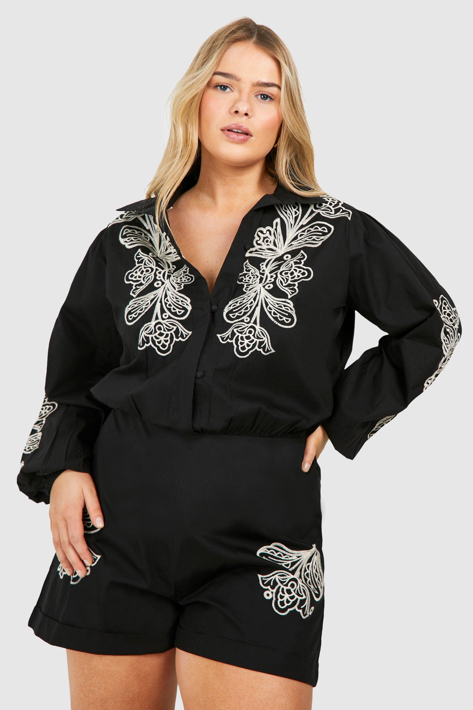Image of Plus Woven Embroidery Detail Long Sleeve Playsuit, Nero